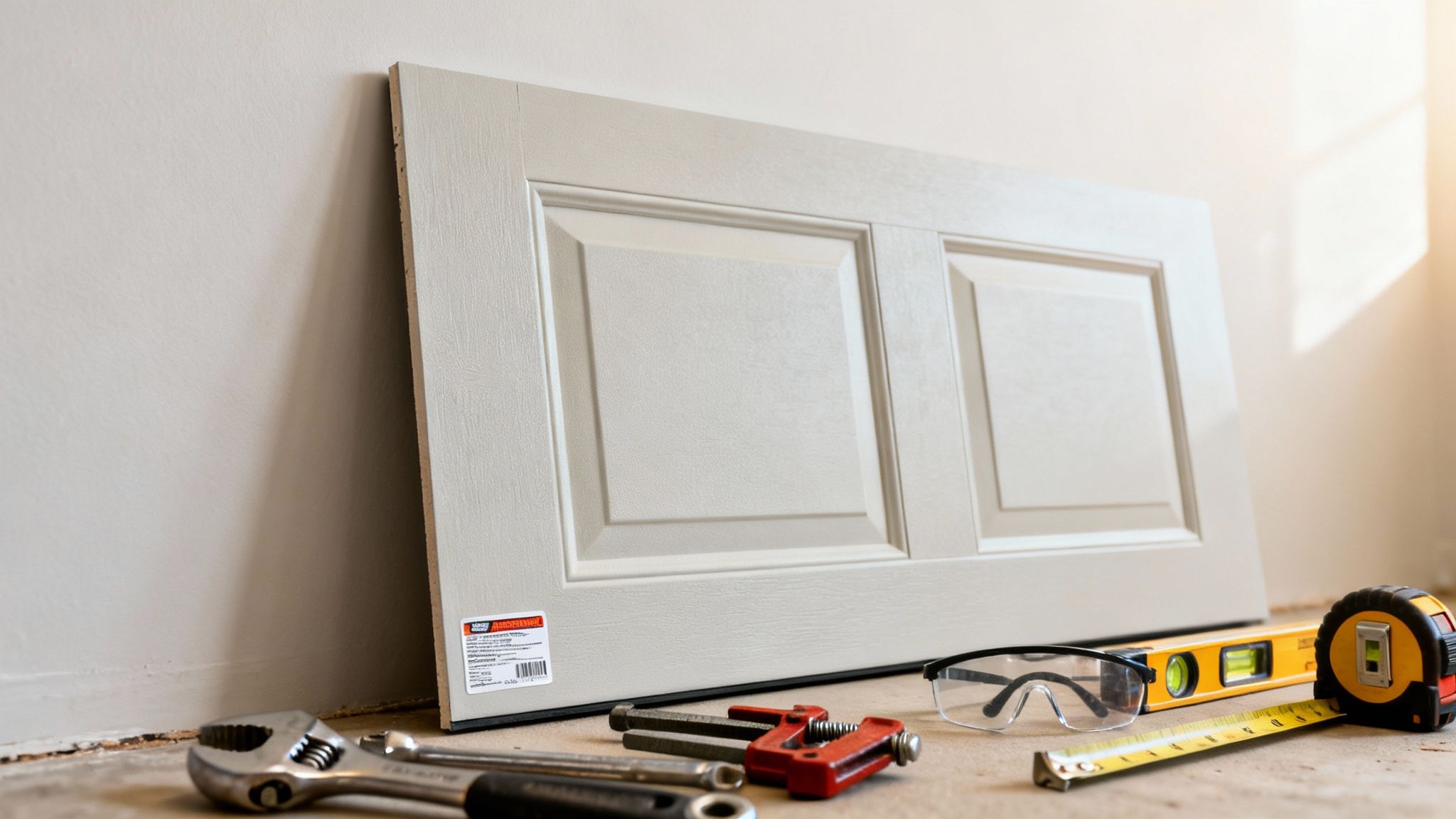 A light-colored garage door panel leans against a wall with various repair tools on the floor.