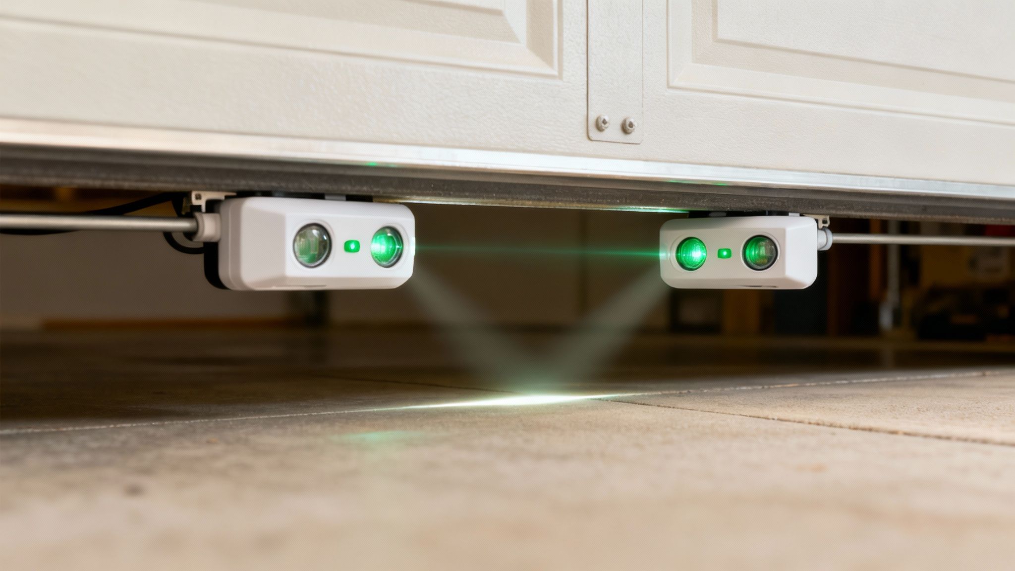 Two white garage door safety sensors emit a green laser beam across the concrete floor.