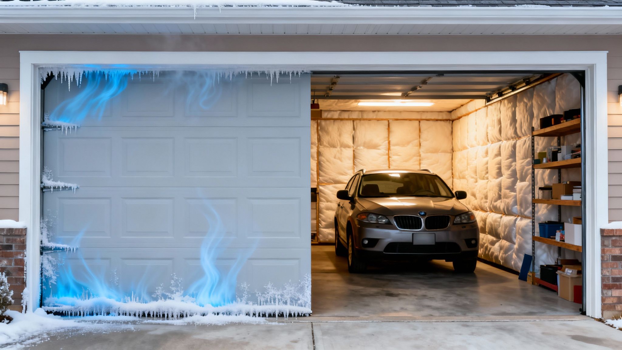 Partially open garage door covered in ice and blue frost, revealing an insulated garage interior with a car.