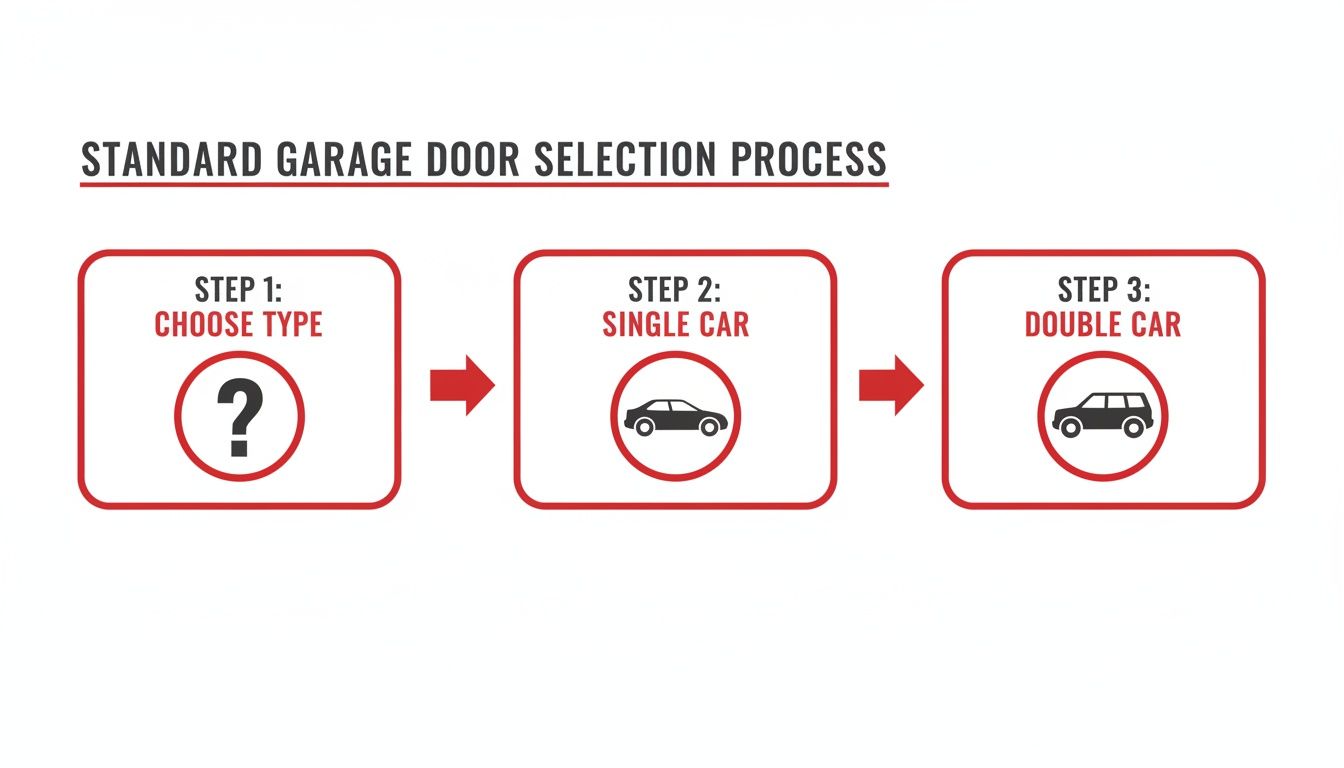 Infographic showing standard garage door selection steps, including choosing type, single car, and double car.