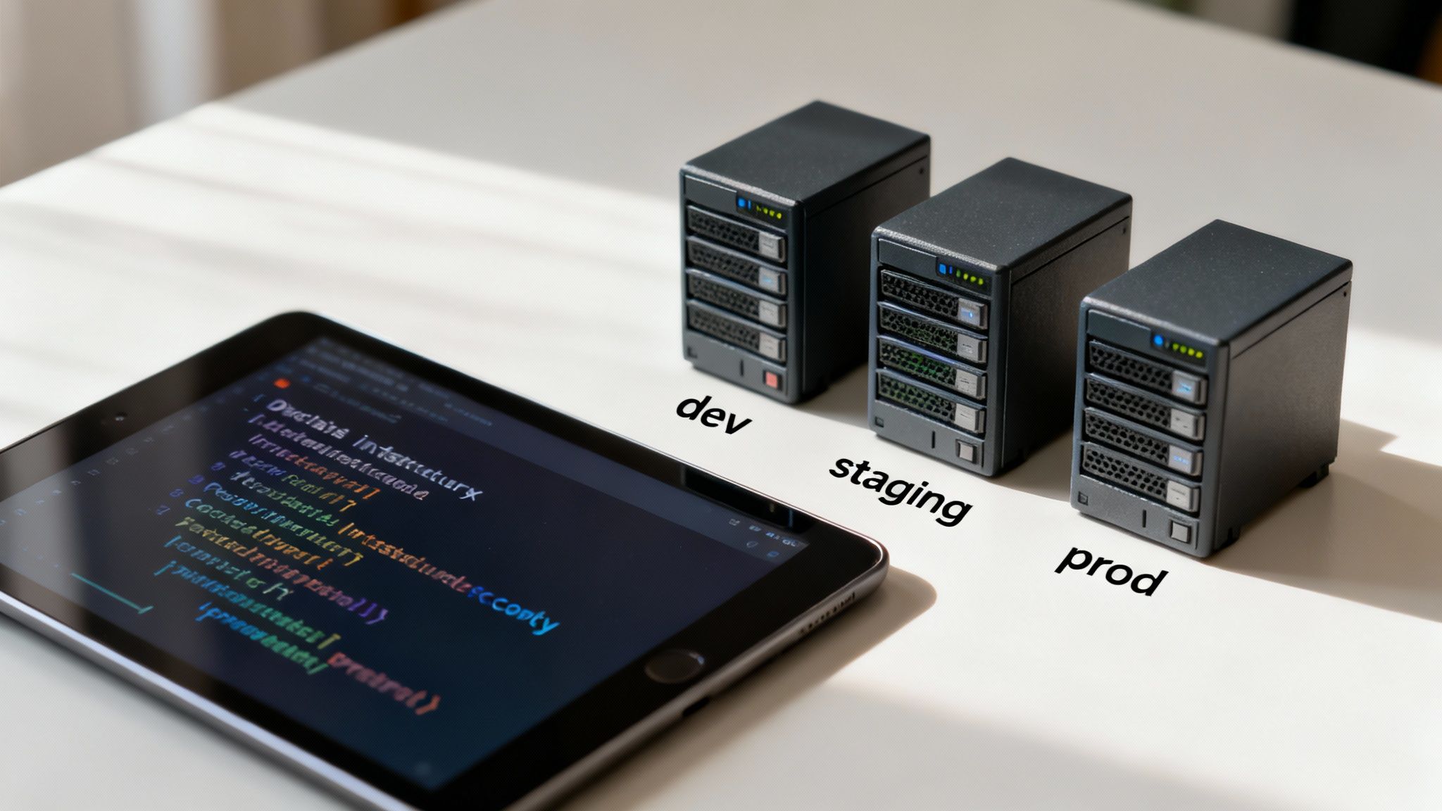 A tablet with code next to code miniature server racks labeled 'dev', 'staging', and 'prod' environments.