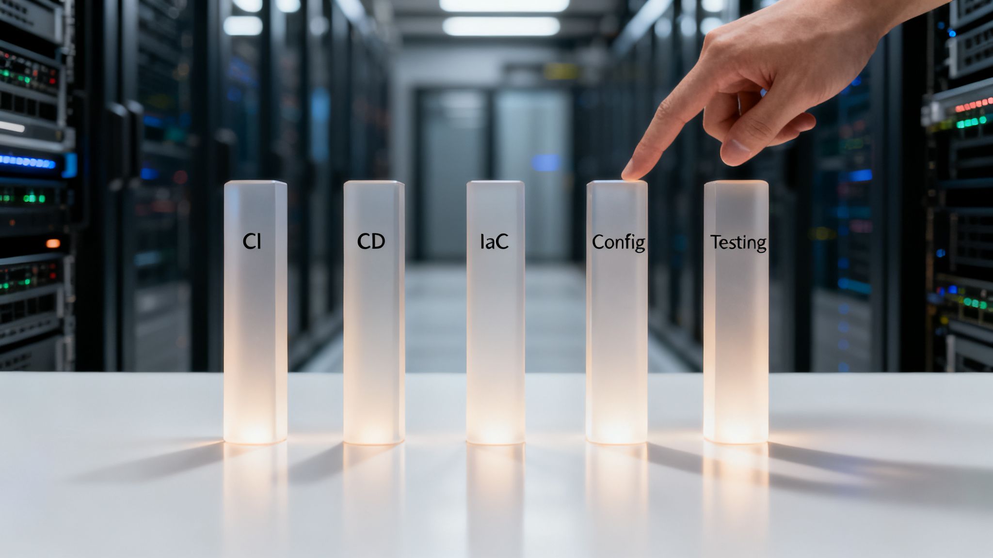 A hand points to a 'Config' pillar among 'CI', 'CD', 'IaC', and 'Testing' blocks in a server room.