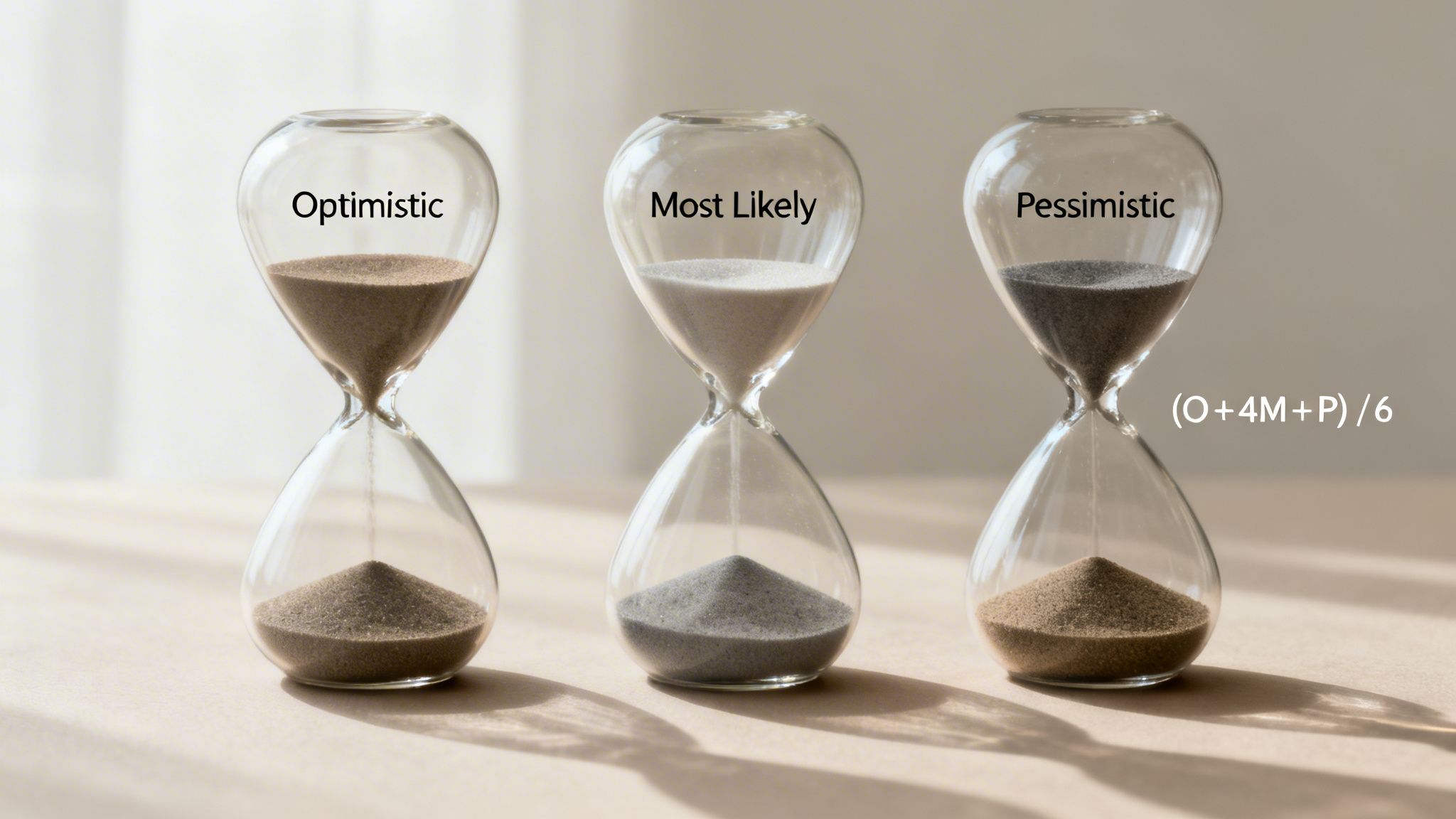 Three hourglasses representing optimistic, most likely, and pessimistic project time estimations with the PERT formula.