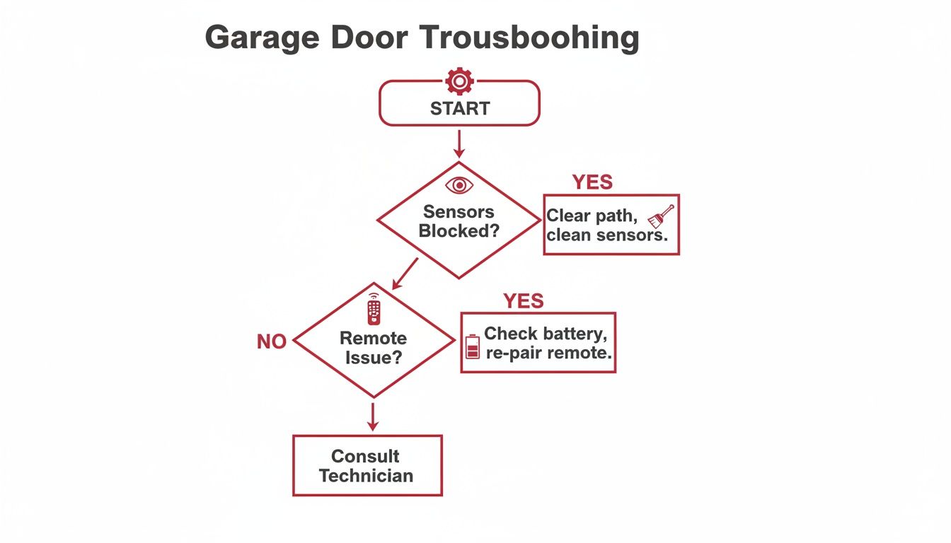 Flowchart illustrating troubleshooting steps for garage door problems, checking sensors and remote control.