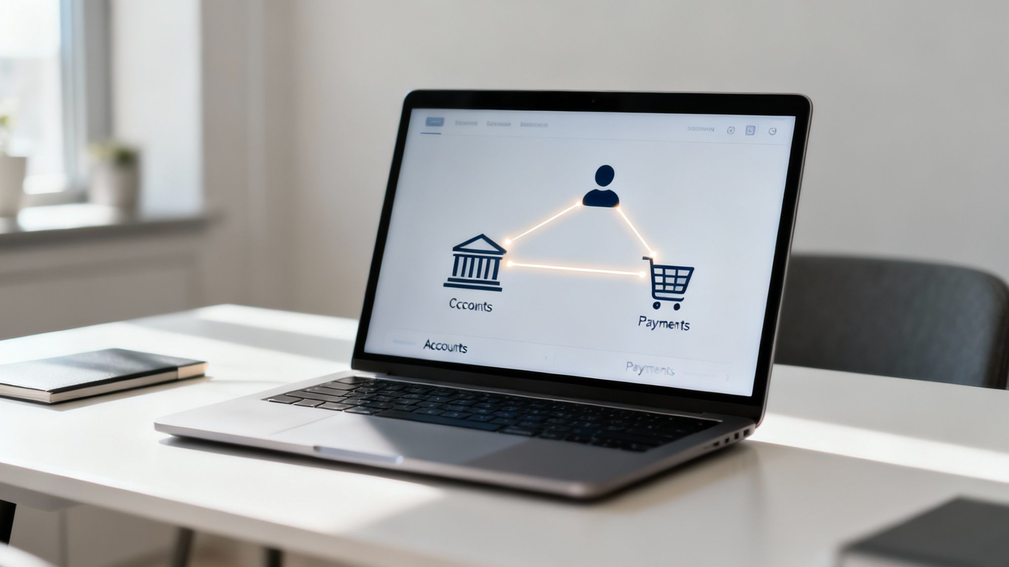 Laptop on a white desk displaying a diagram of a person, bank, and shopping cart, illustrating financial integration.