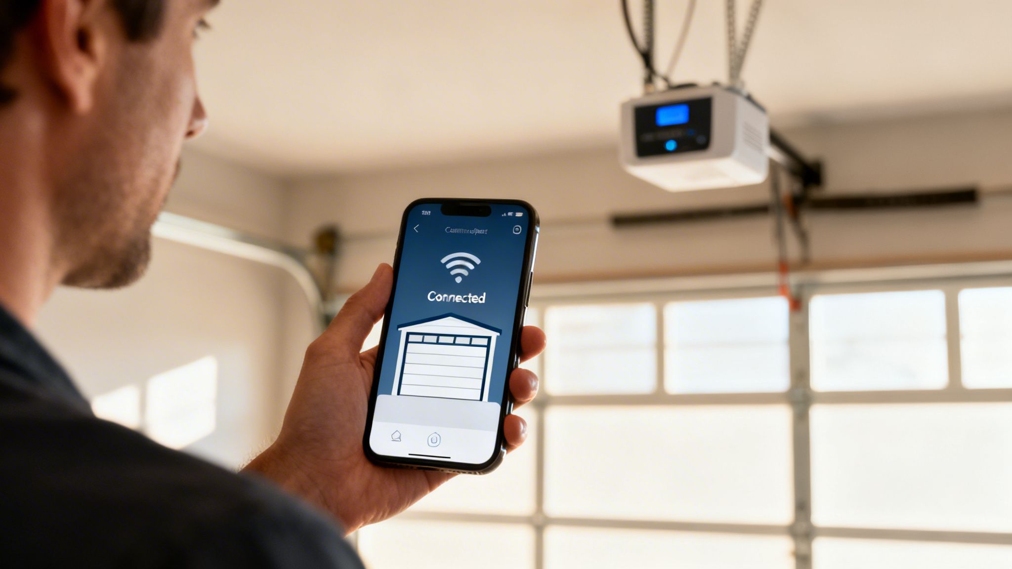 A person holds a smartphone displaying 'Connected' status for a smart garage door opener app.