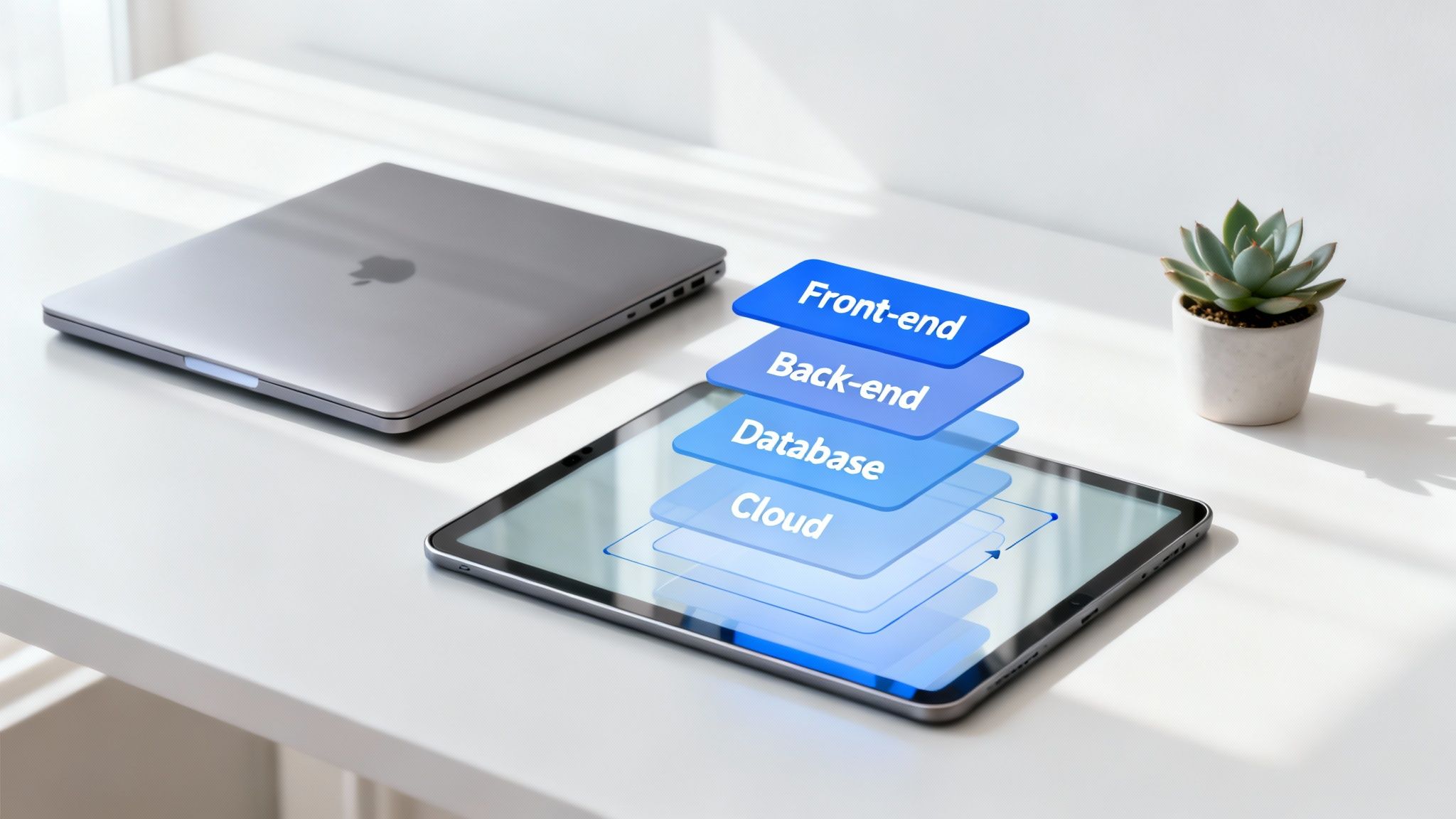 A tablet displays a software development architecture diagram with Front-end, Back-end, Database, and Cloud layers, next to a laptop and a plant.