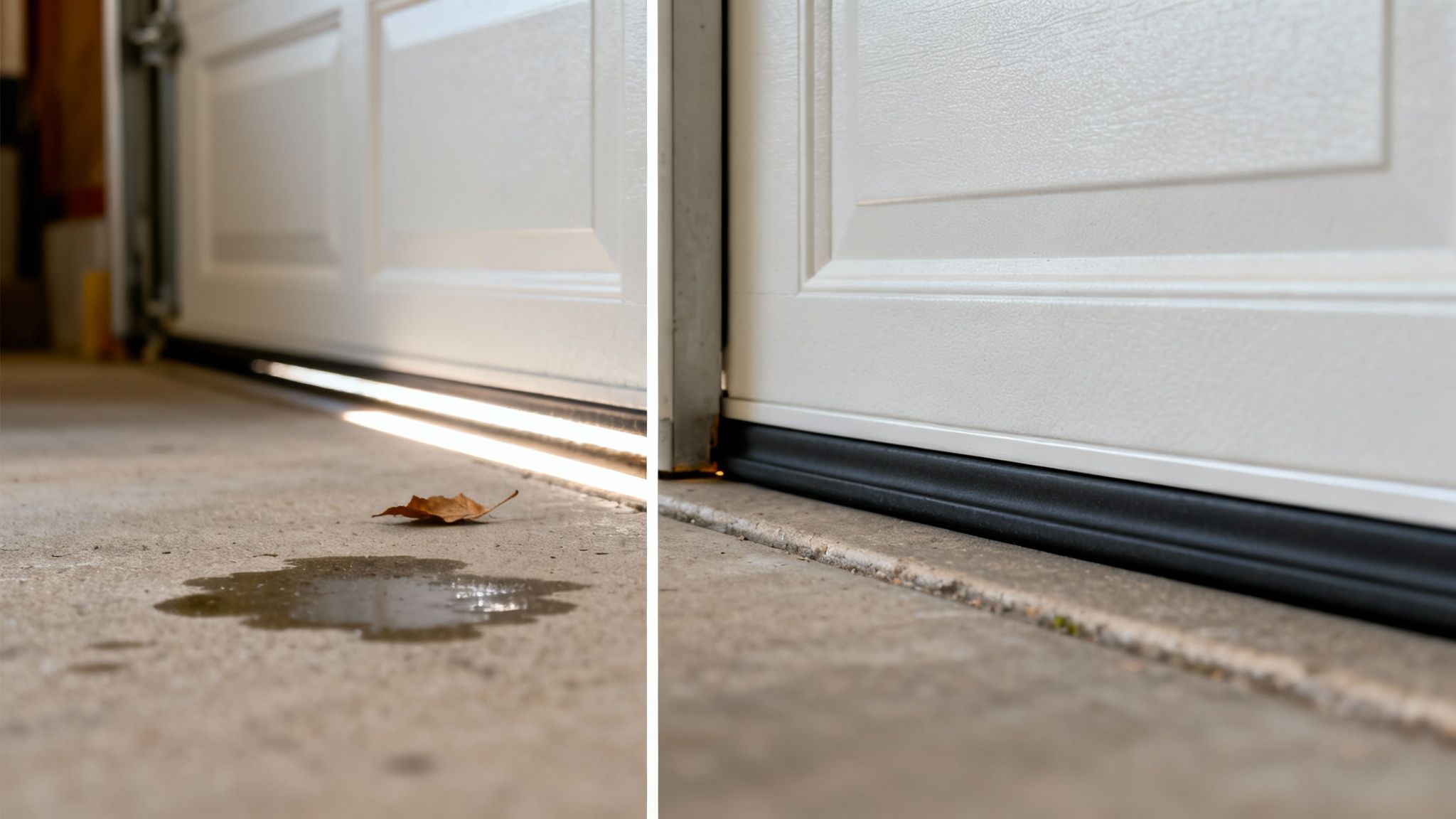 Two garage door bottom seals: one with a gap allowing water, one properly sealed.