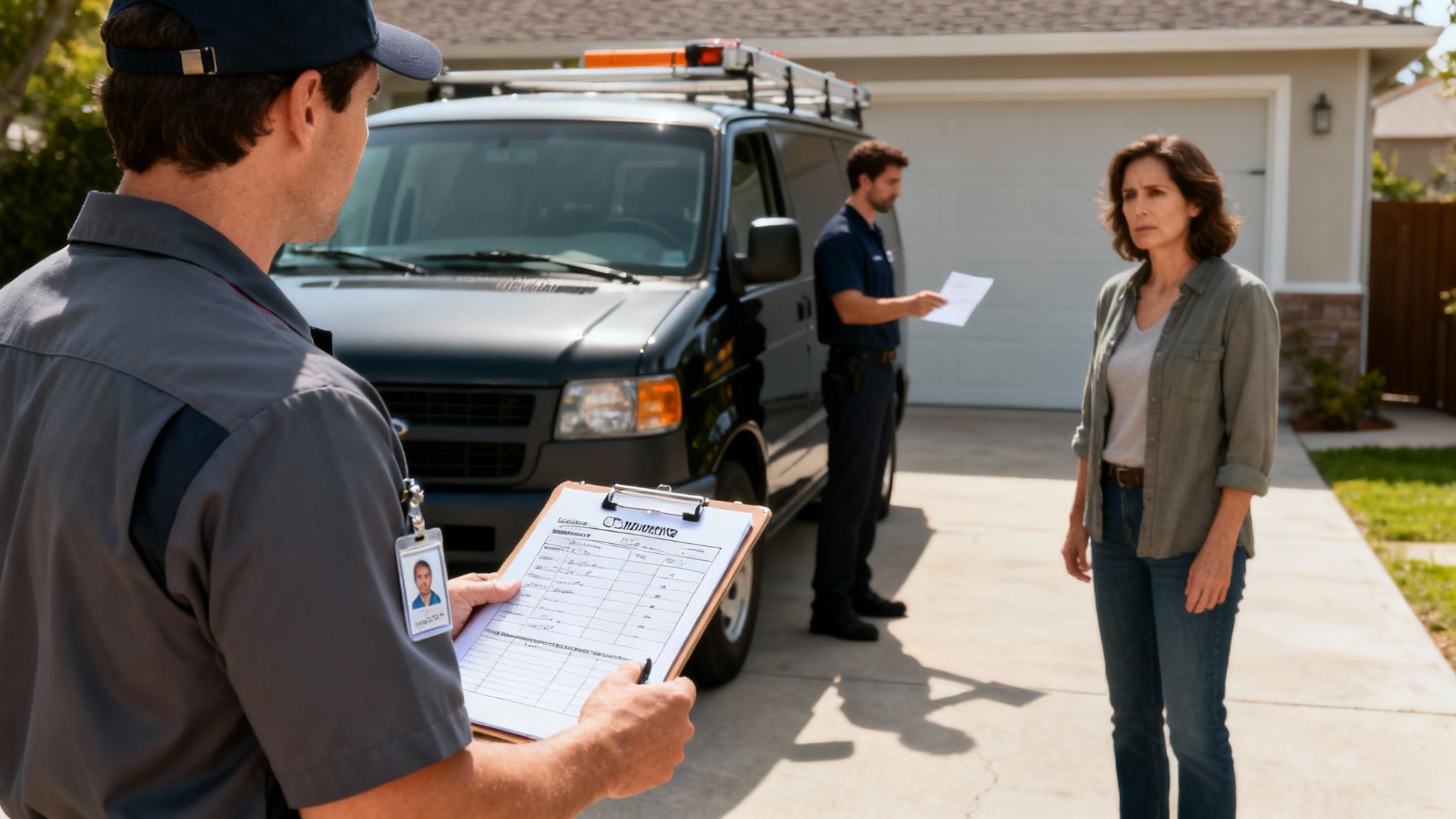 Two service technicians discuss a repair with a concerned homeowner in front of a garage and service van.
