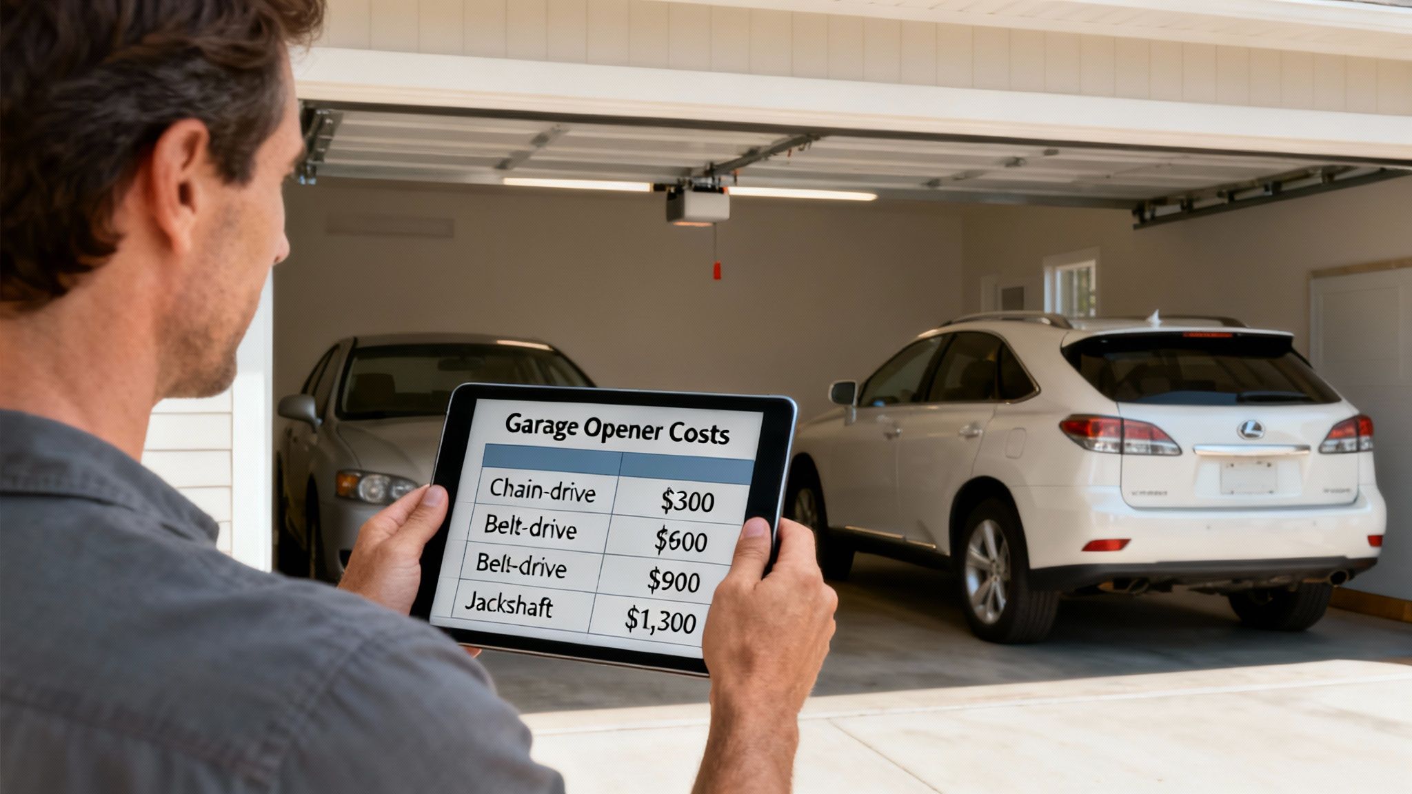Man reviews garage opener costs on a tablet, showing prices for chain-drive, belt-drive, and jackshaft options.
