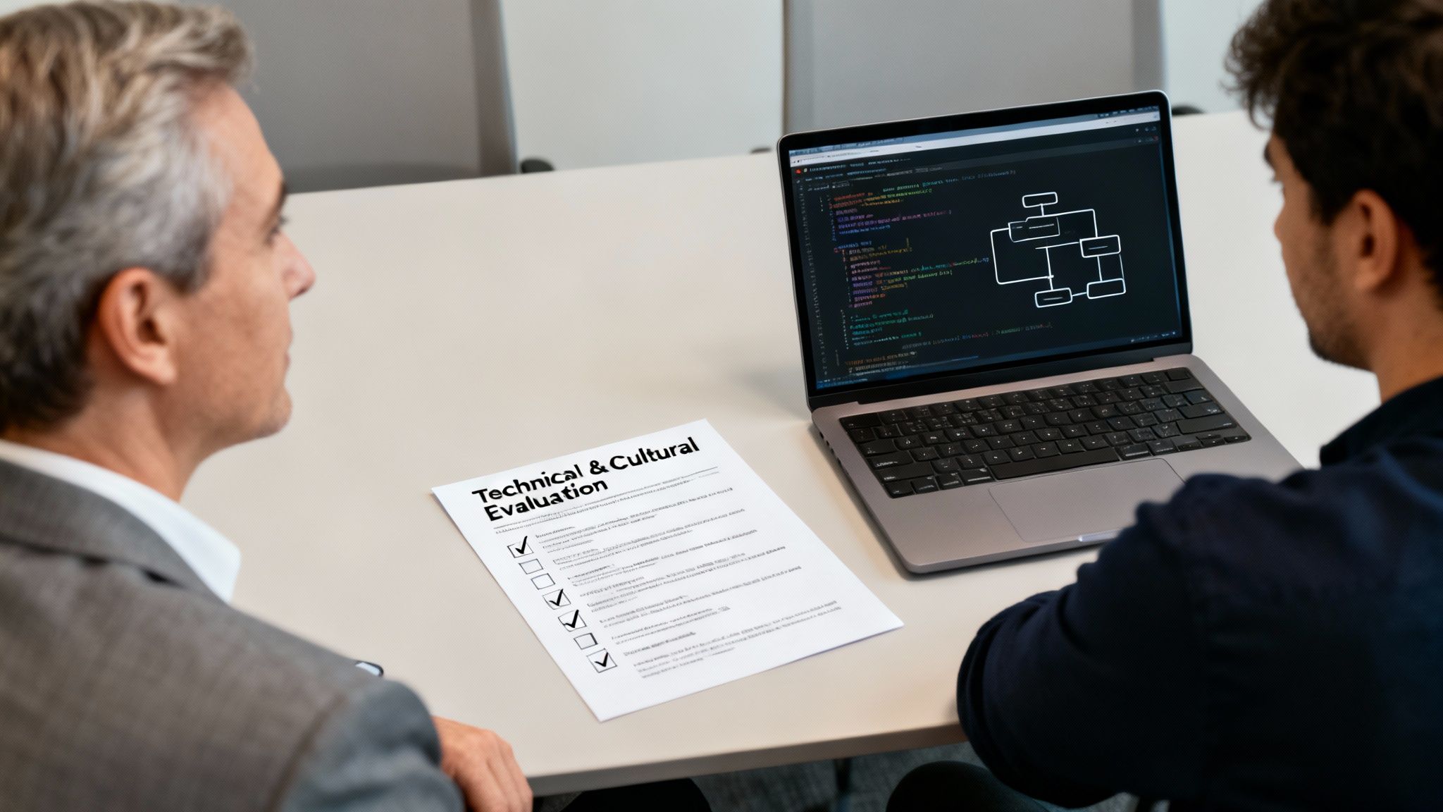 Two men reviewing a technical and cultural evaluation document and a laptop with code and a flowchart.