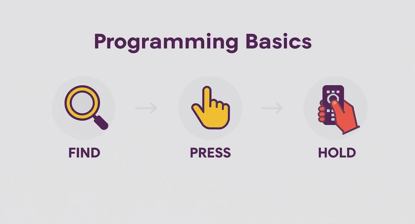Diagram titled 'Programming Basics' with three steps: Find, Press, Hold, illustrated with icons.