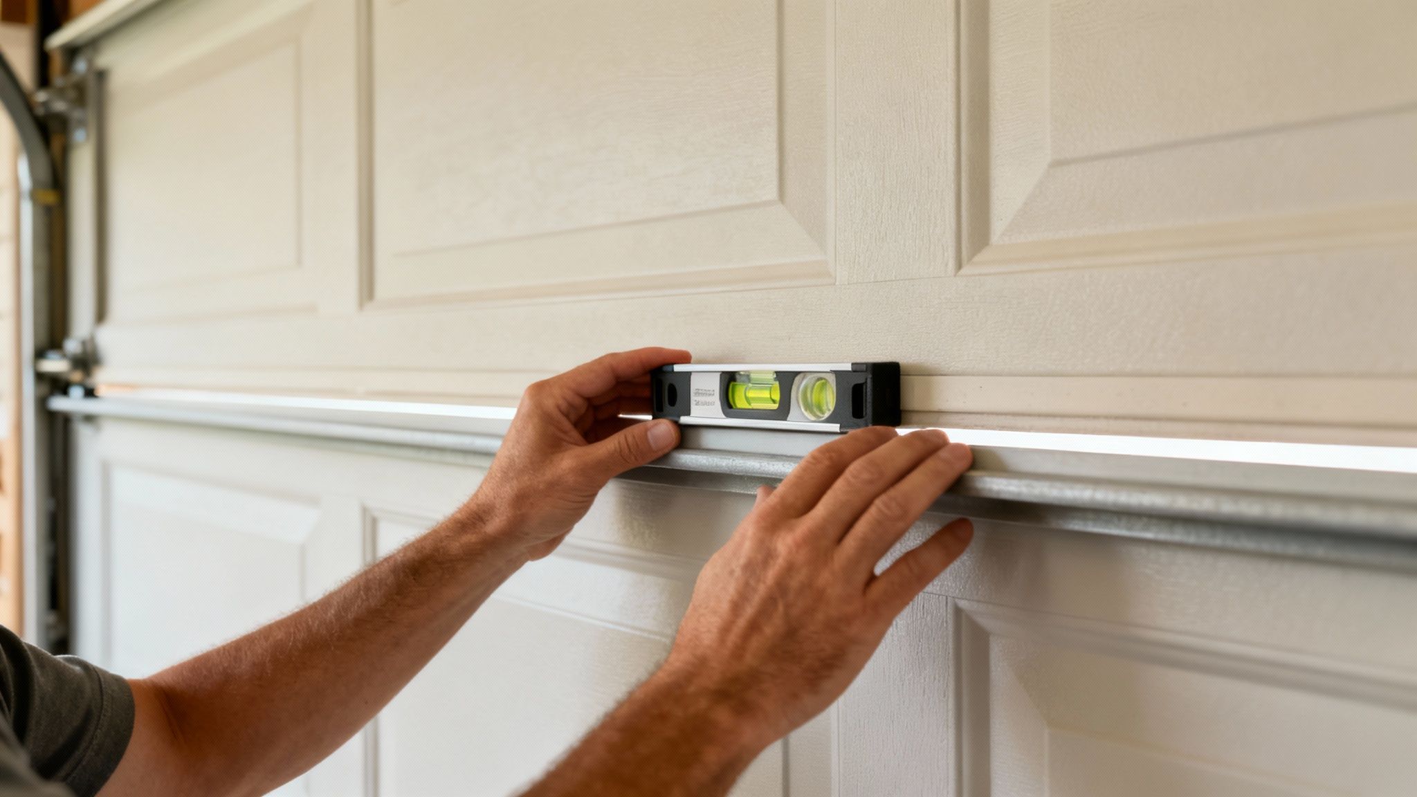 A perfectly balanced garage door with taut, correctly installed cables.
