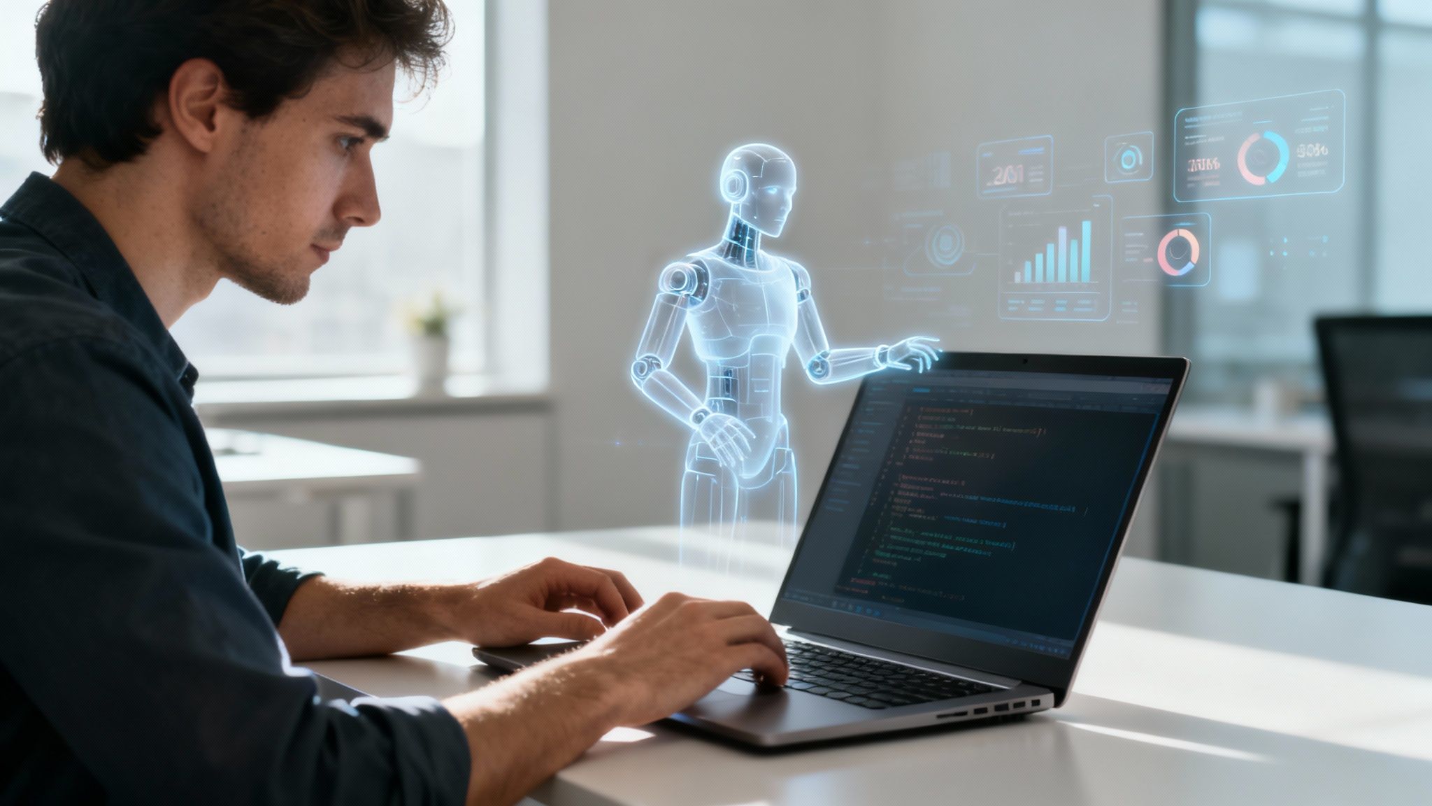 Man coding on laptop, aided by holographic AI assistant showing data visualizations in office.