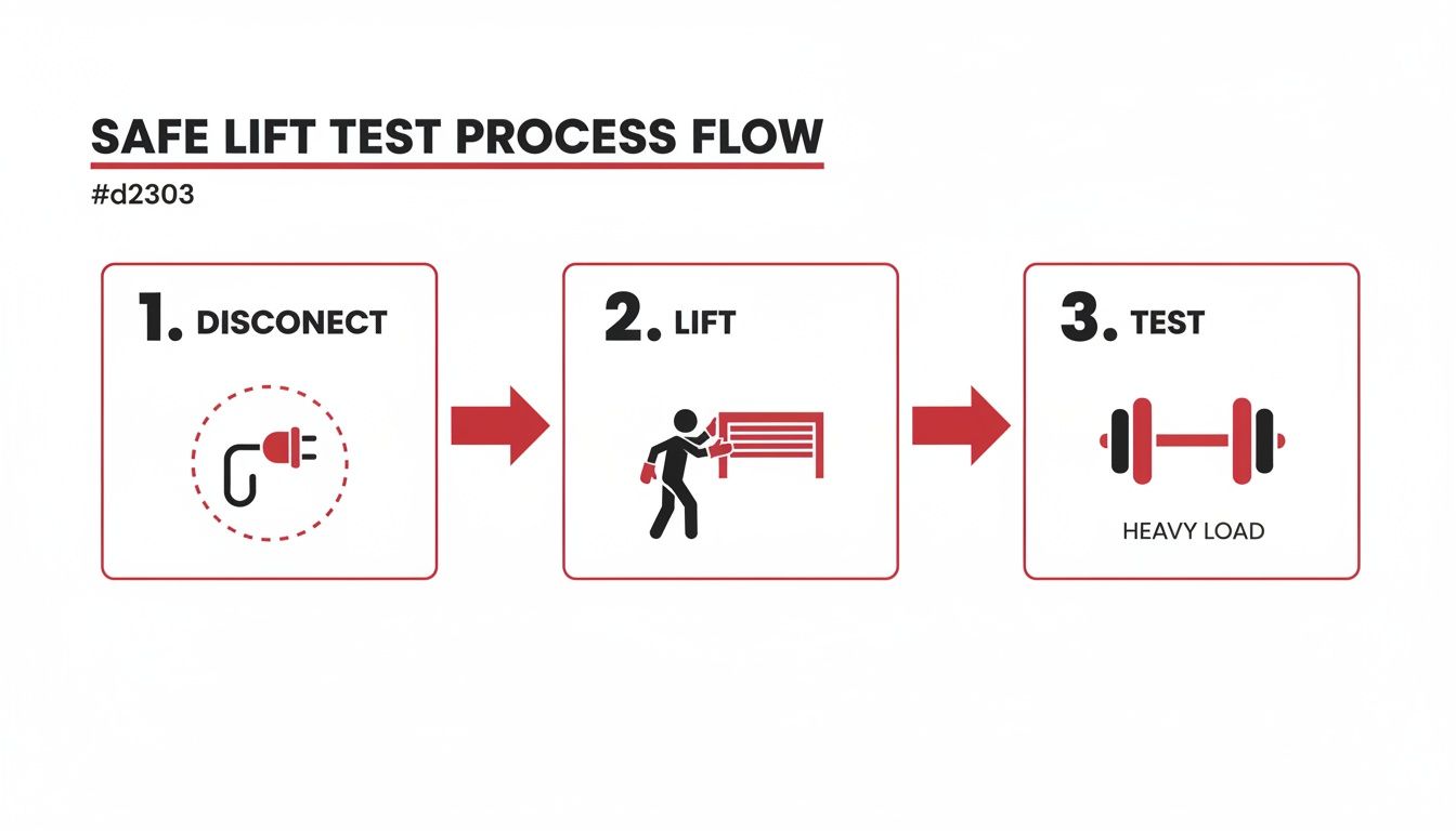A process flow diagram illustrating three steps for a safe lift test: disconnect, lift, and test heavy load.