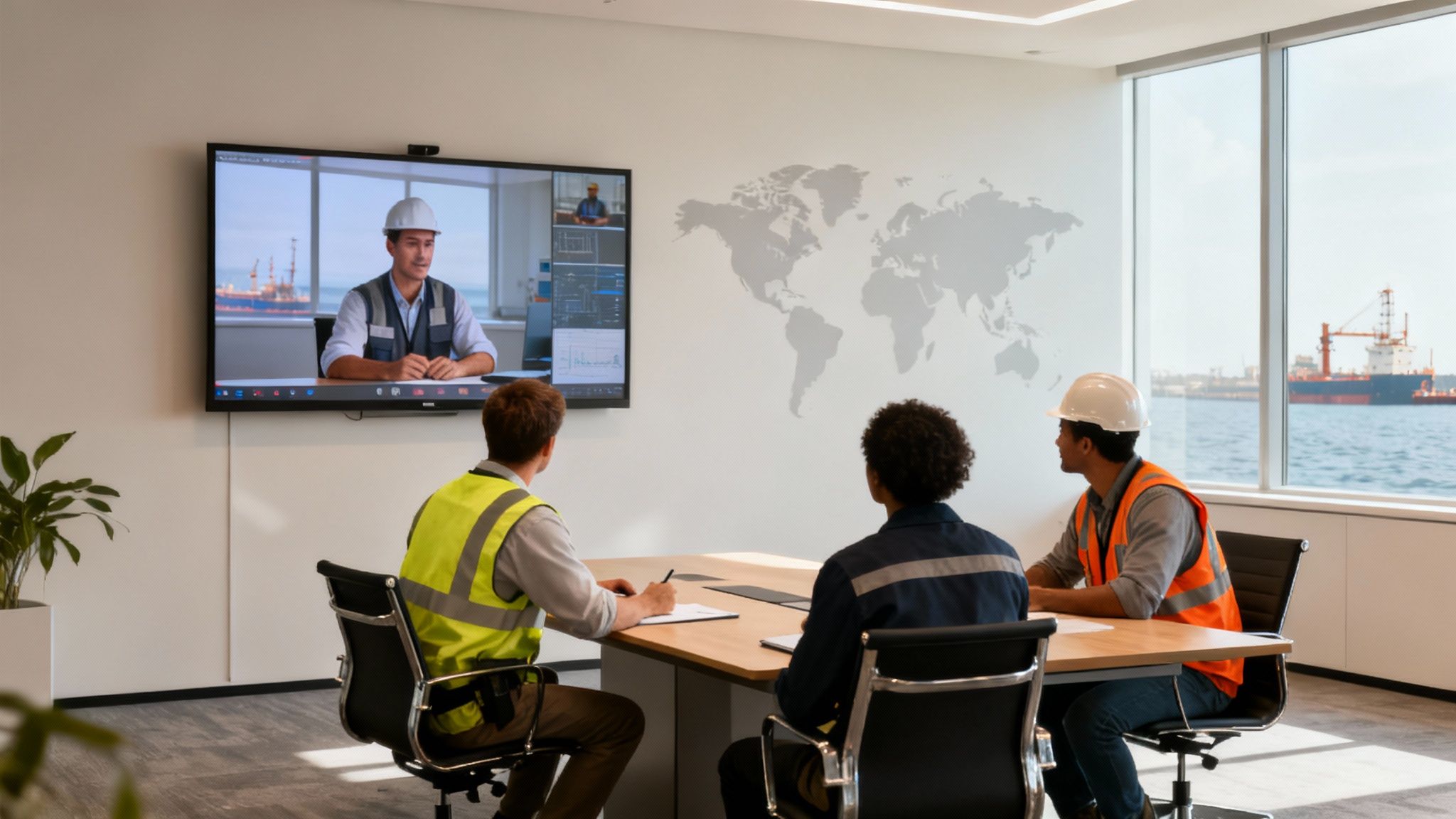Engineers in safety gear attend a video conference in an office overlooking a port.