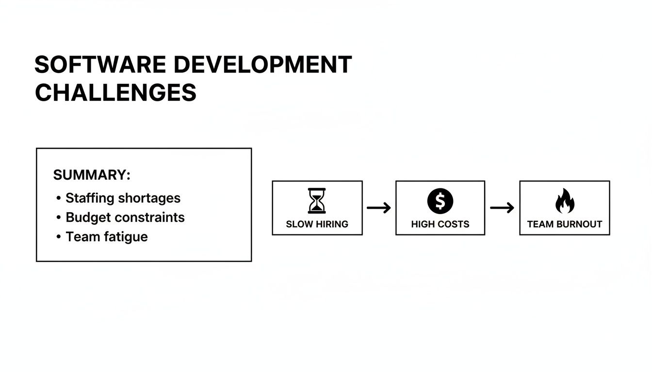 Flowchart illustrating software development challenges: staffing shortages, budget constraints, slow hiring, high costs, and team burnout.