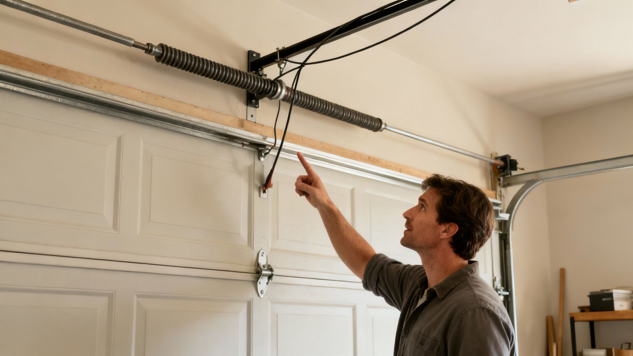 Man adjusting garage door opener tension spring mechanism with torsion spring system