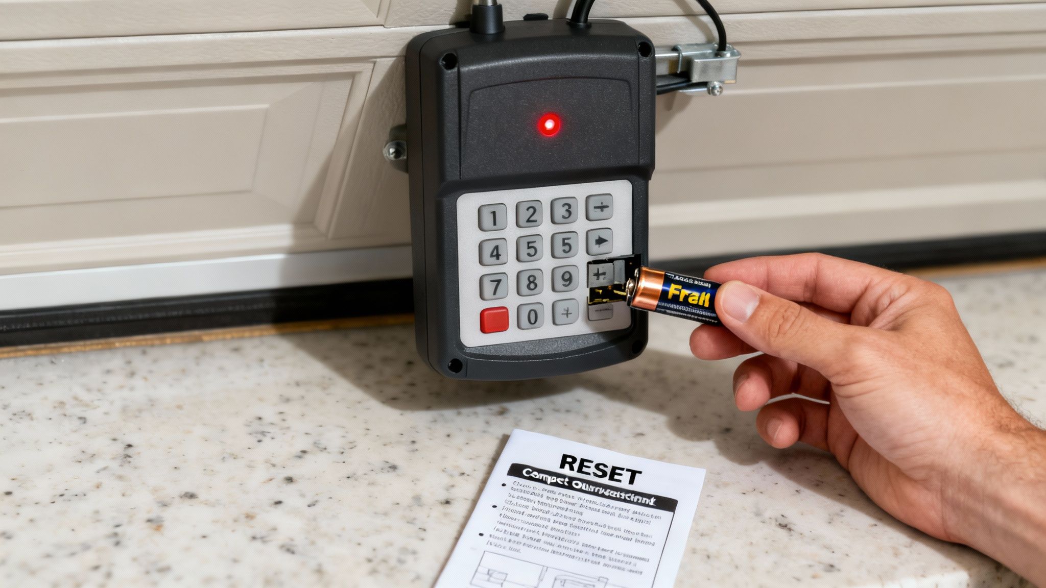 A hand inserts a battery into a black garage door opener keypad with a red light on.
