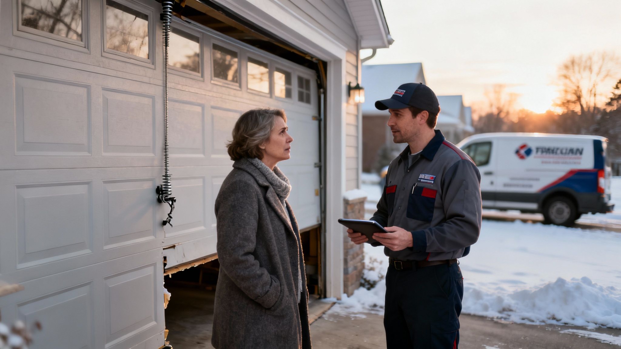 A garage door technician talks to a female homeowner about a broken garage door on a snowy evening.