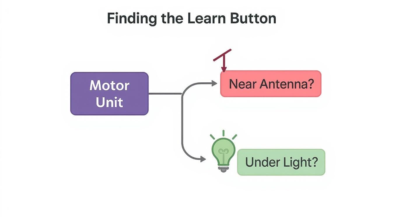 Infographic decision tree showing how to locate the Learn Button on a garage door opener motor unit, with branches for checking near the antenna or under the light cover.