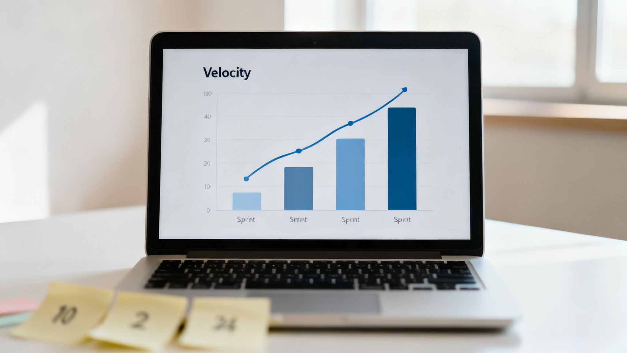 Laptop displays a 'Velocity' chart with blue bars and an upward trend line over 'Sprint' cycles, with sticky notes.