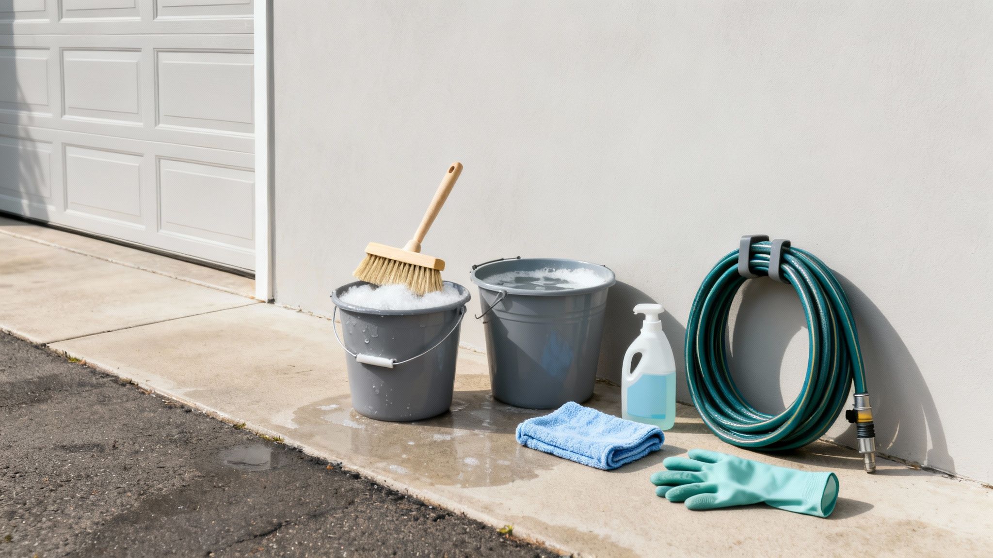Cleaning supplies for a garage door: buckets, brush, soap, hose, cloth, and gloves.