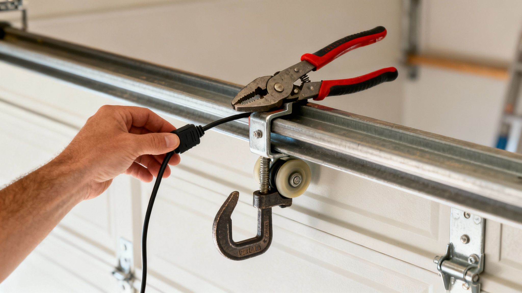 A pair of locking pliers clamped onto a garage door track to hold it securely in place.