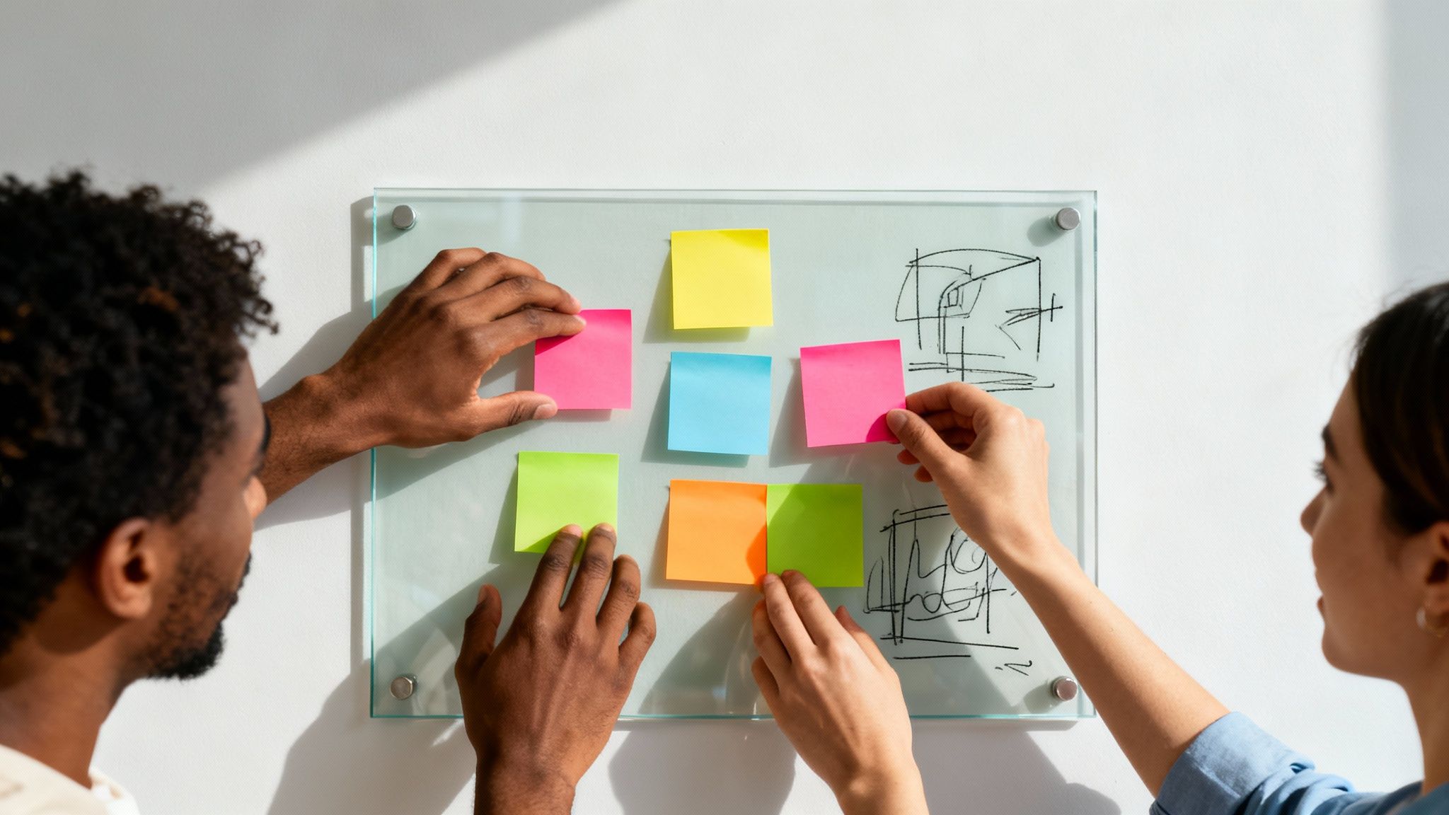 Two people placing colorful sticky notes on a glass whiteboard during a brainstorming session.