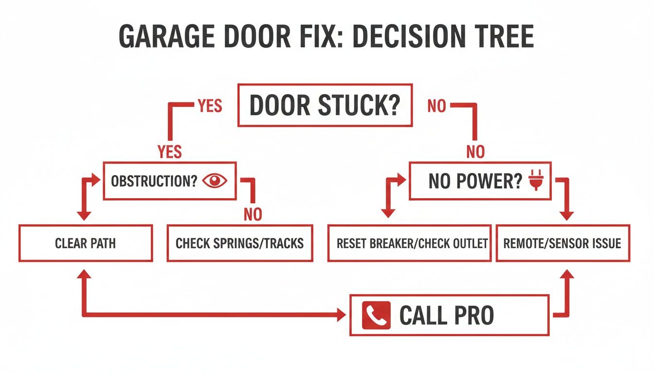 A decision tree flowchart guides users through common garage door troubleshooting steps and fixes.
