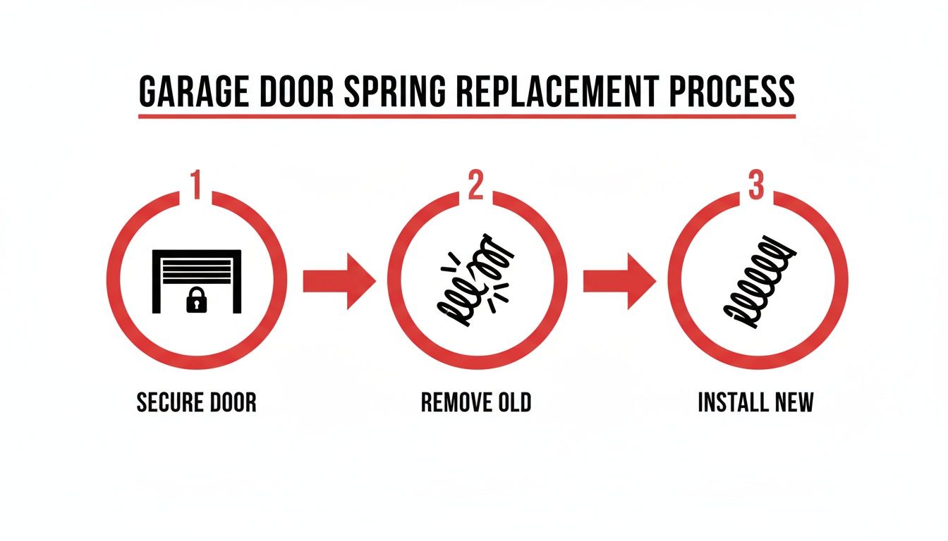 A three-step process infographic illustrating garage door spring replacement: secure, remove old, install new.