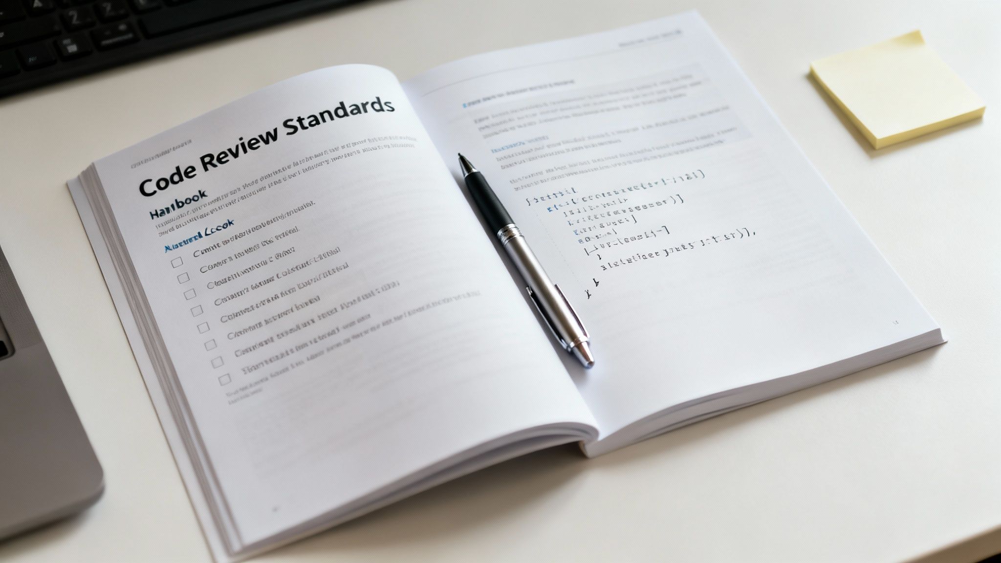 An open book titled 'Code Review Standards Handbook' with a pen, checklist, and code examples.