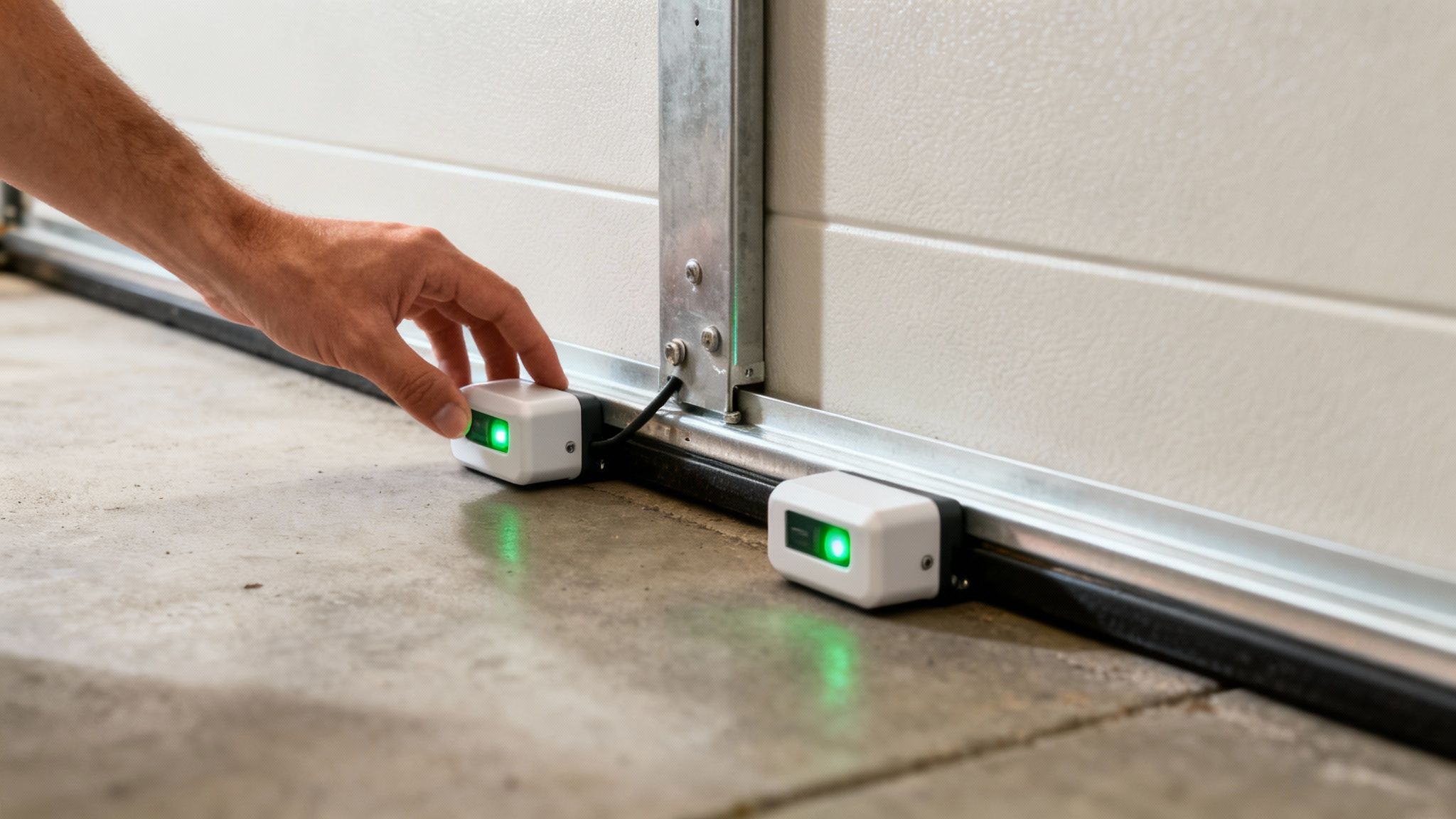 A person's hand adjusts a glowing green safety sensor on the concrete floor of a garage.