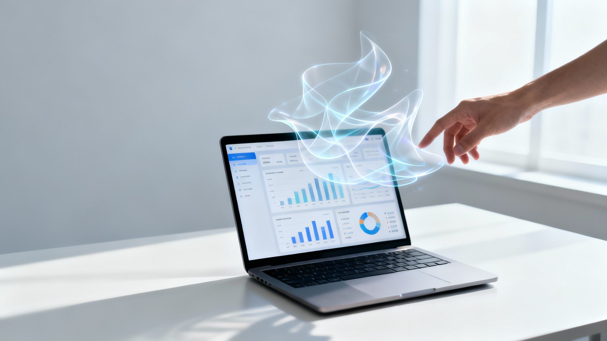 A hand interacts with glowing digital data on a laptop screen displaying business analytics.