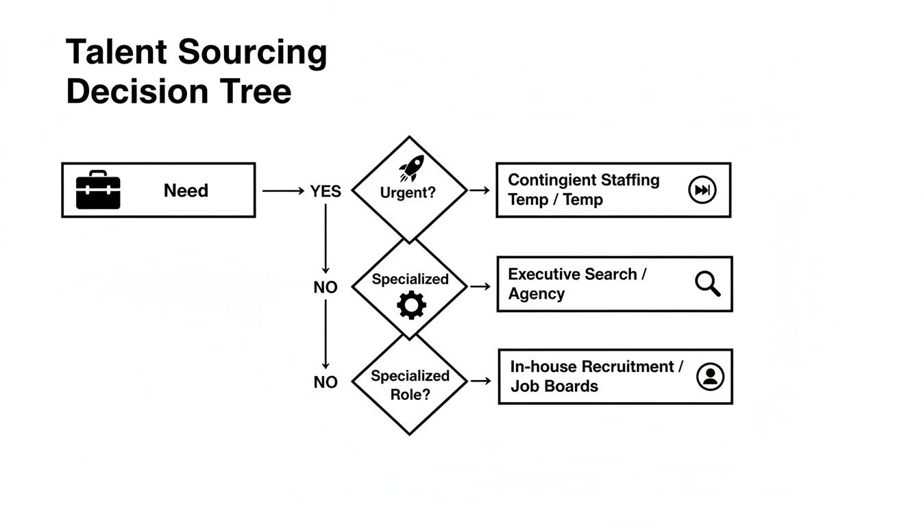 A talent sourcing decision tree outlining recruitment methods based on urgency and role specialization.