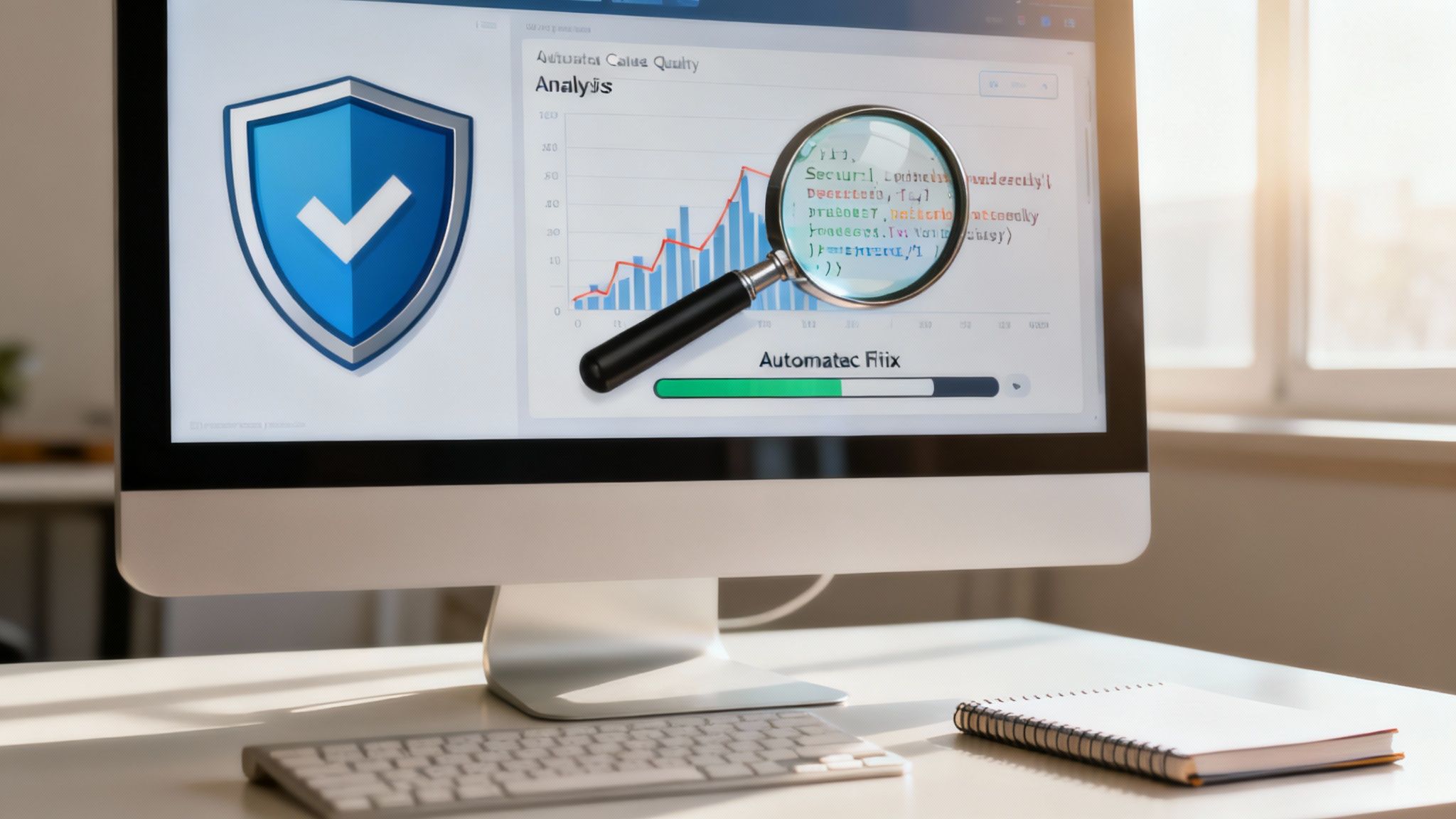 Computer screen showing a security shield, data analysis graph, code, and automation progress.