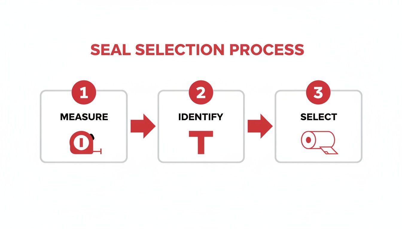 A visual guide illustrating a three-step seal selection process: measure, identify, and select.