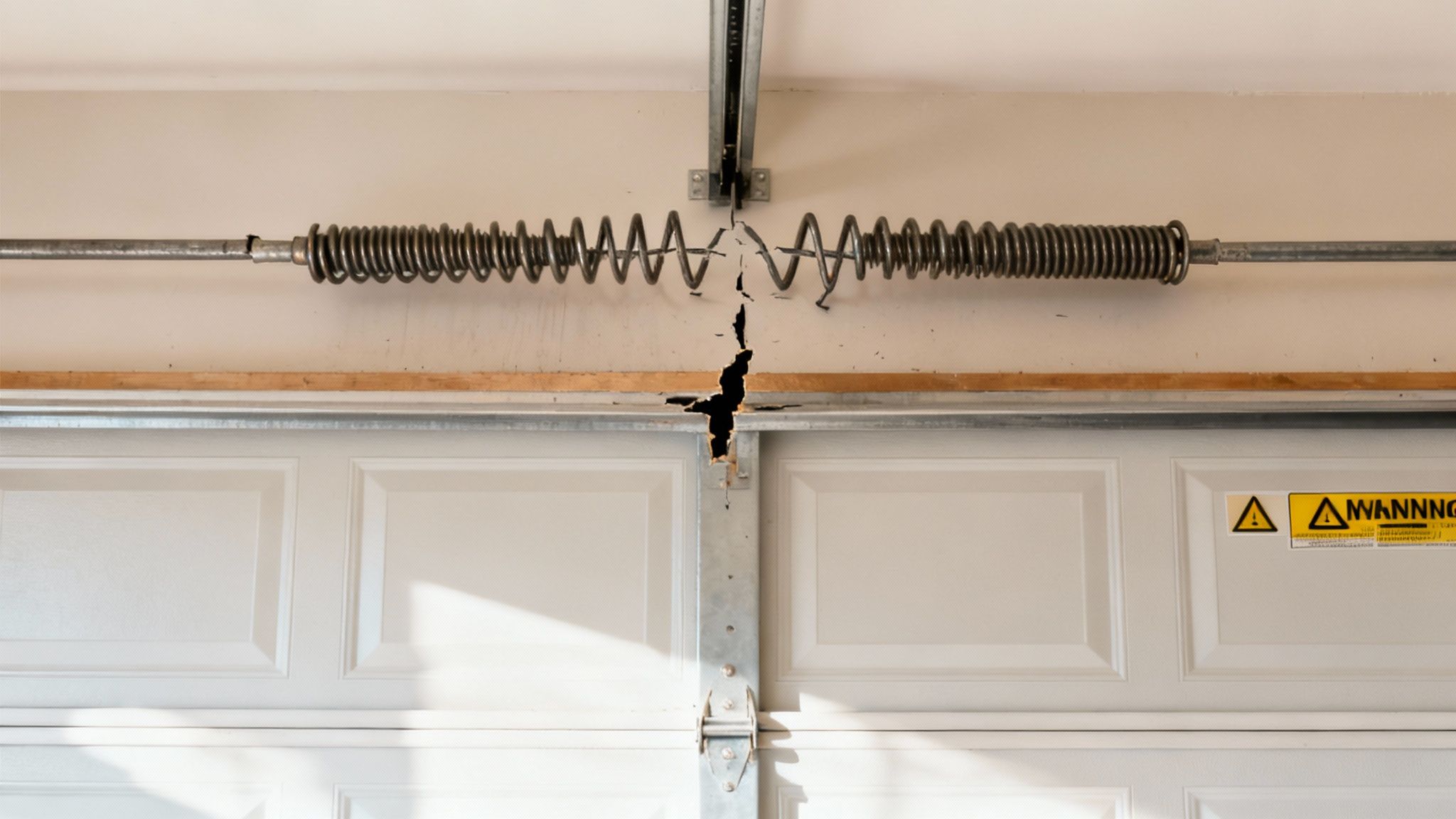 A broken garage door torsion spring with a visible crack in the wall above a white garage door.