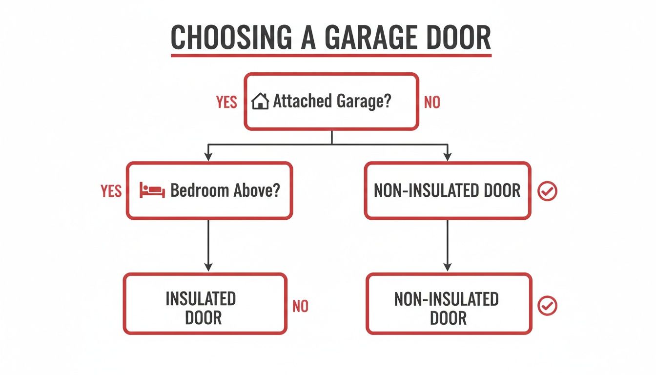 A flowchart guiding the choice between insulated and non-insulated garage doors based on garage type and location.