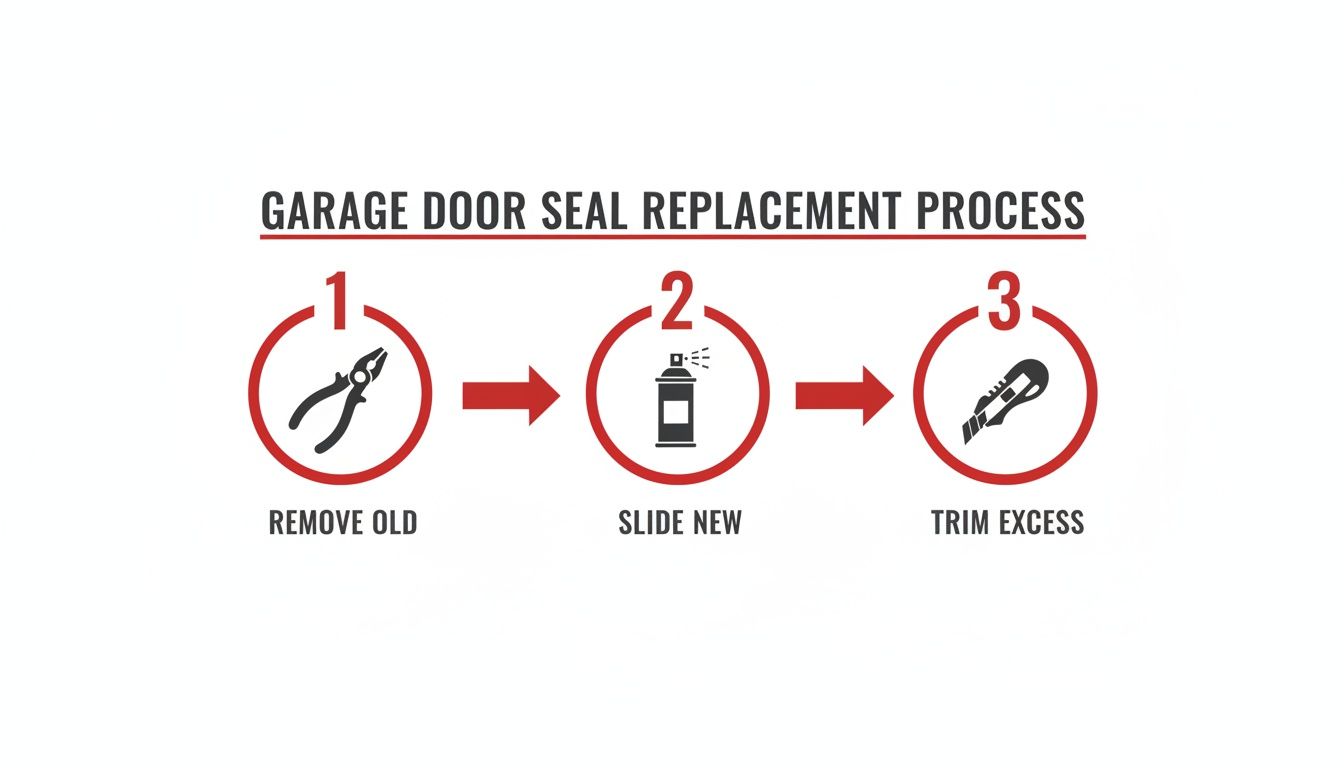 Three-step infographic showing how to replace a garage door seal using pliers, lubricant, and a utility knife.