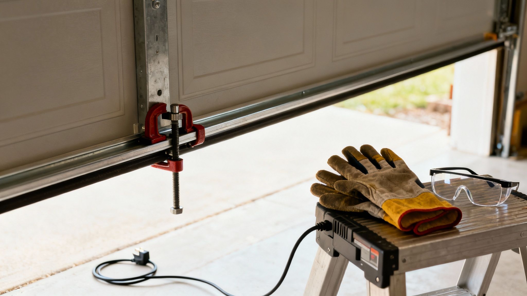 Work gloves and safety glasses on a step stool next to a clamped garage door.