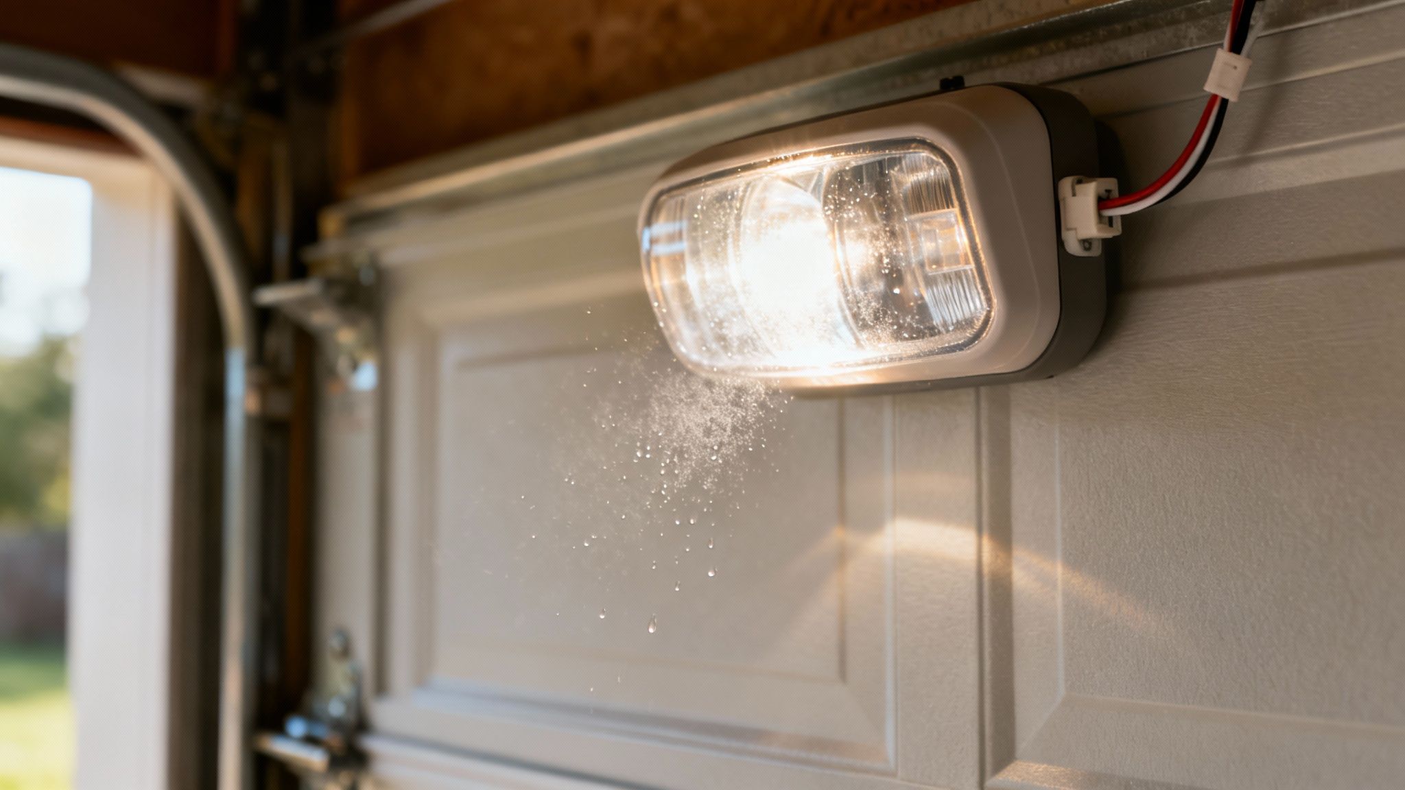 Bright garage door sensor light with water droplets spraying, illuminating the door.