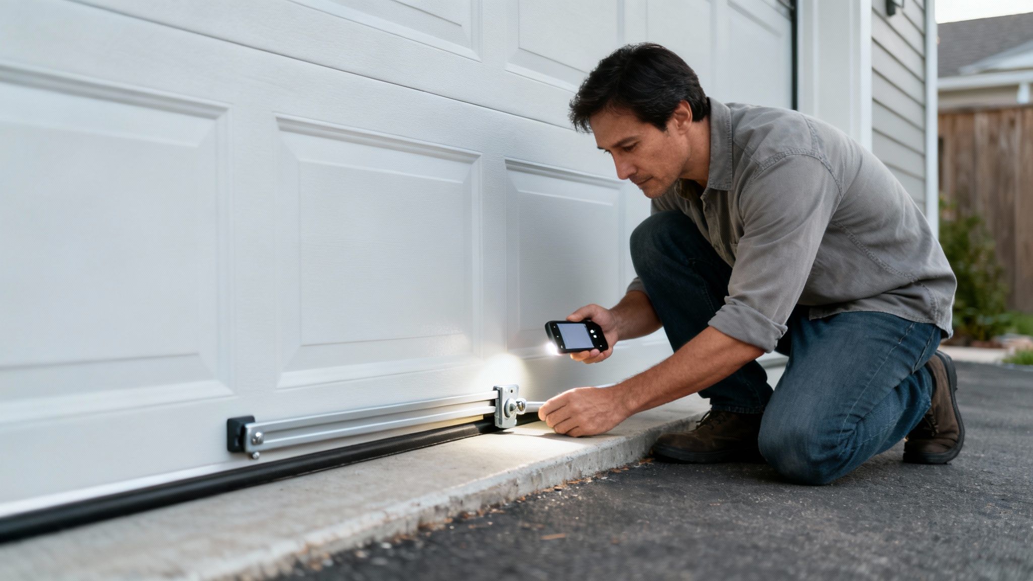 A man uses his phone's flashlight to inspect a sensor at the bottom of a white garage door.