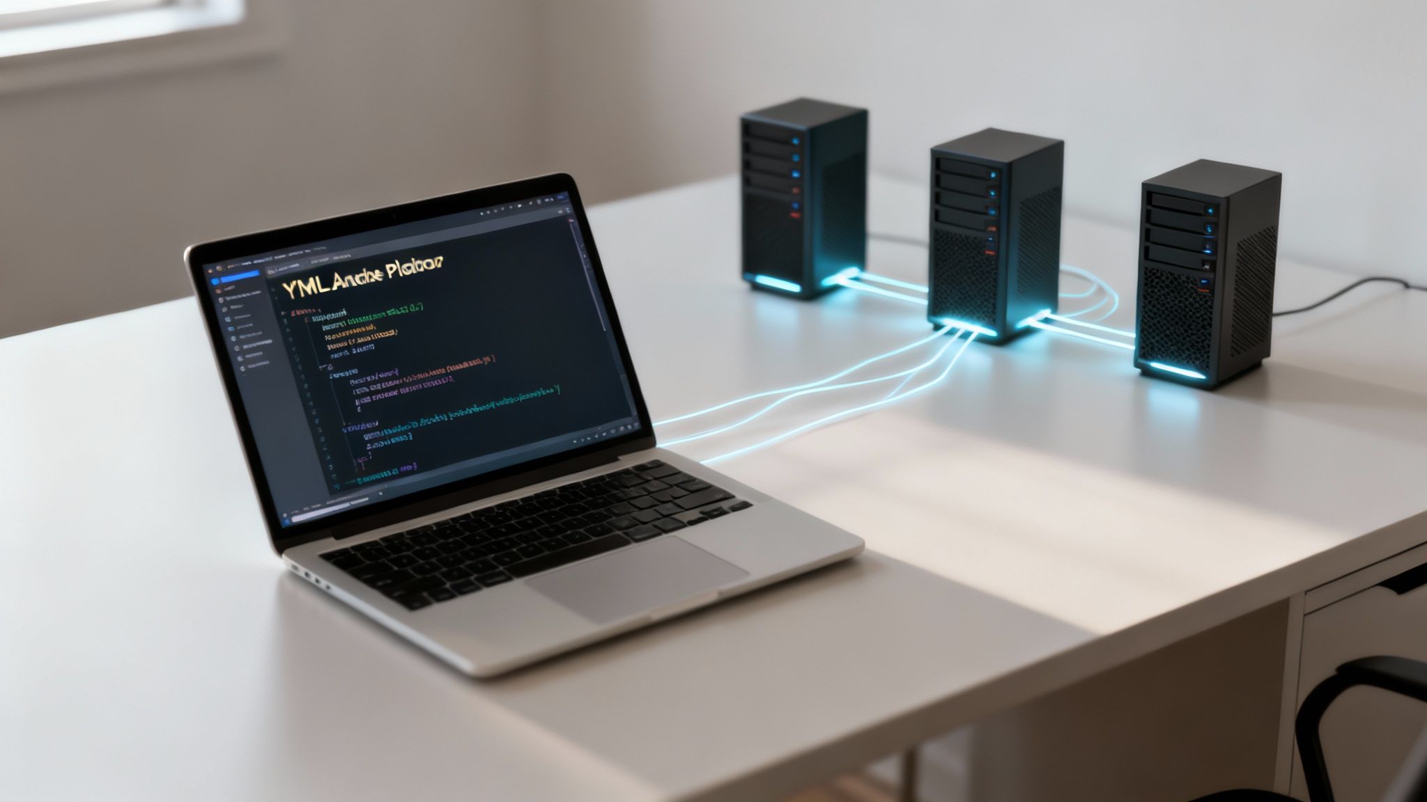 A laptop running an Ansible playbook connects to three glowing miniature server towers on a desk.