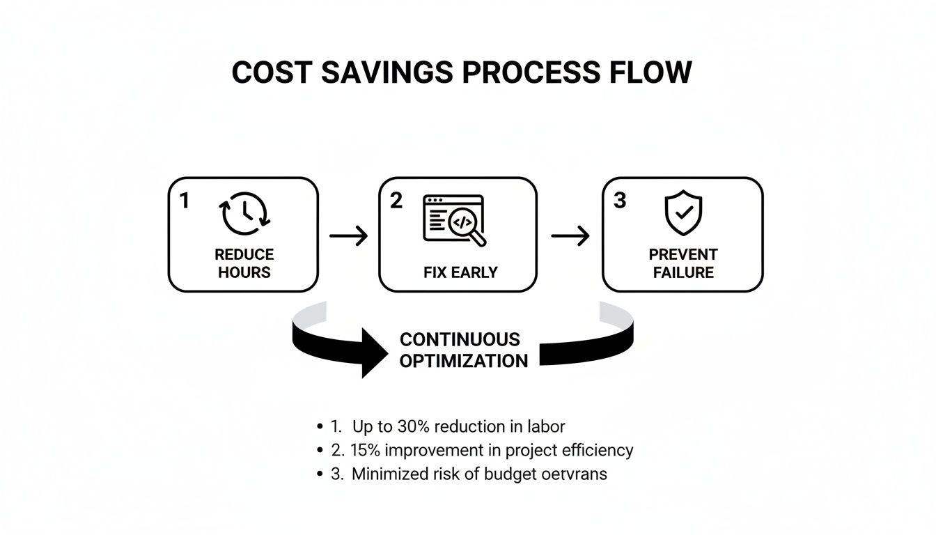 Process flow diagram showing cost savings through reducing hours, fixing early, and preventing failure with continuous optimization.