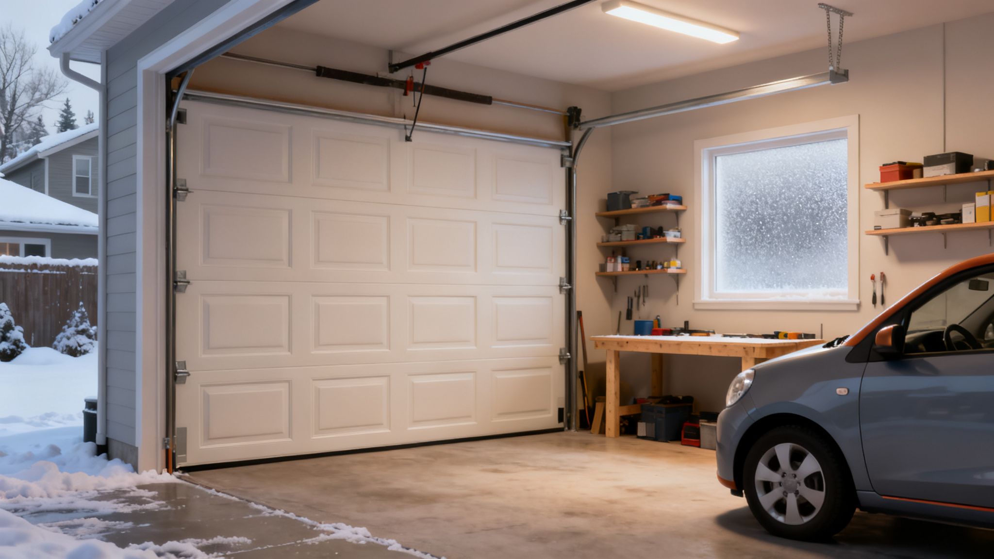 Well-lit garage interior with an open white insulated garage door, a blue car, and snowy winter scene outside.