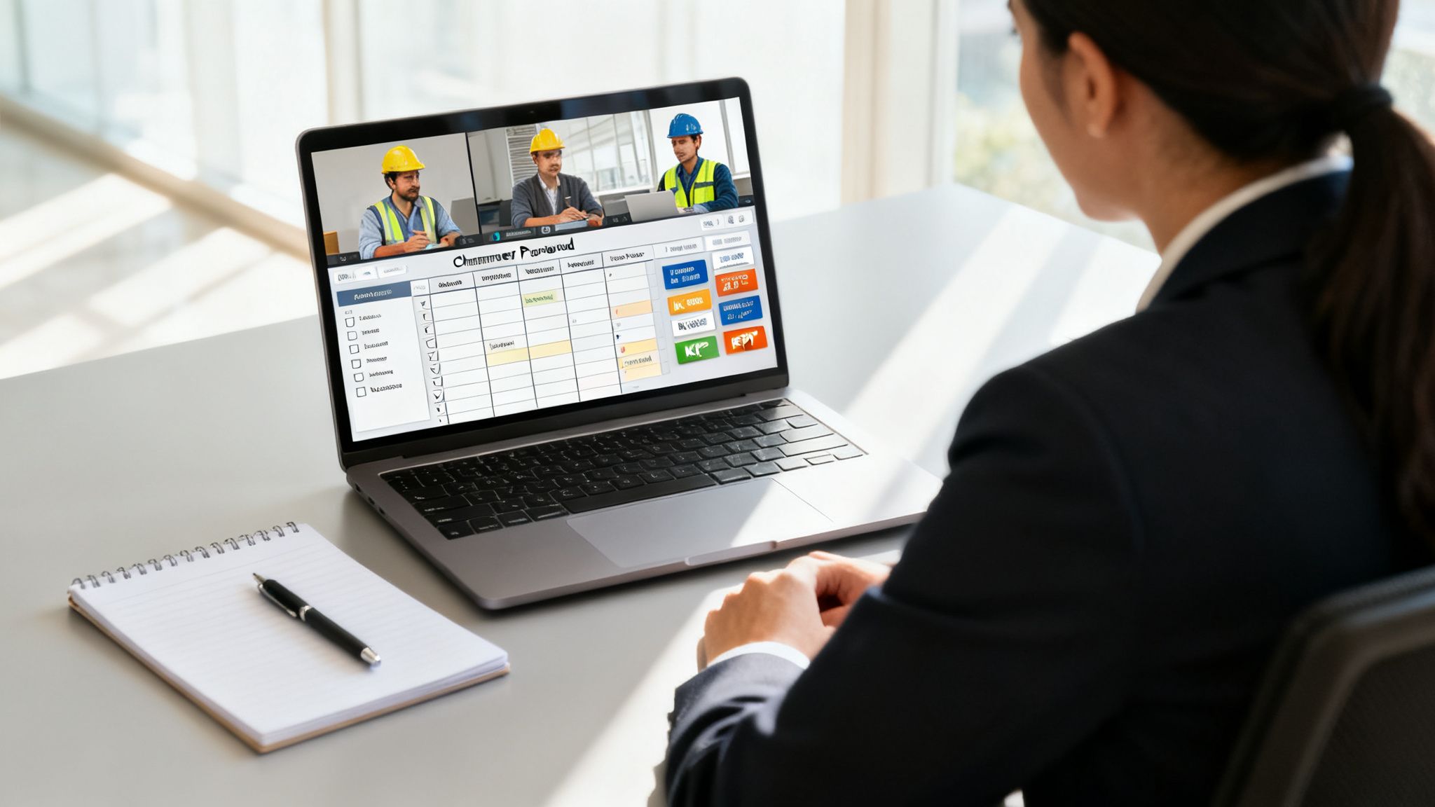 Professional woman reviews a construction project plan on her laptop during a video conference.