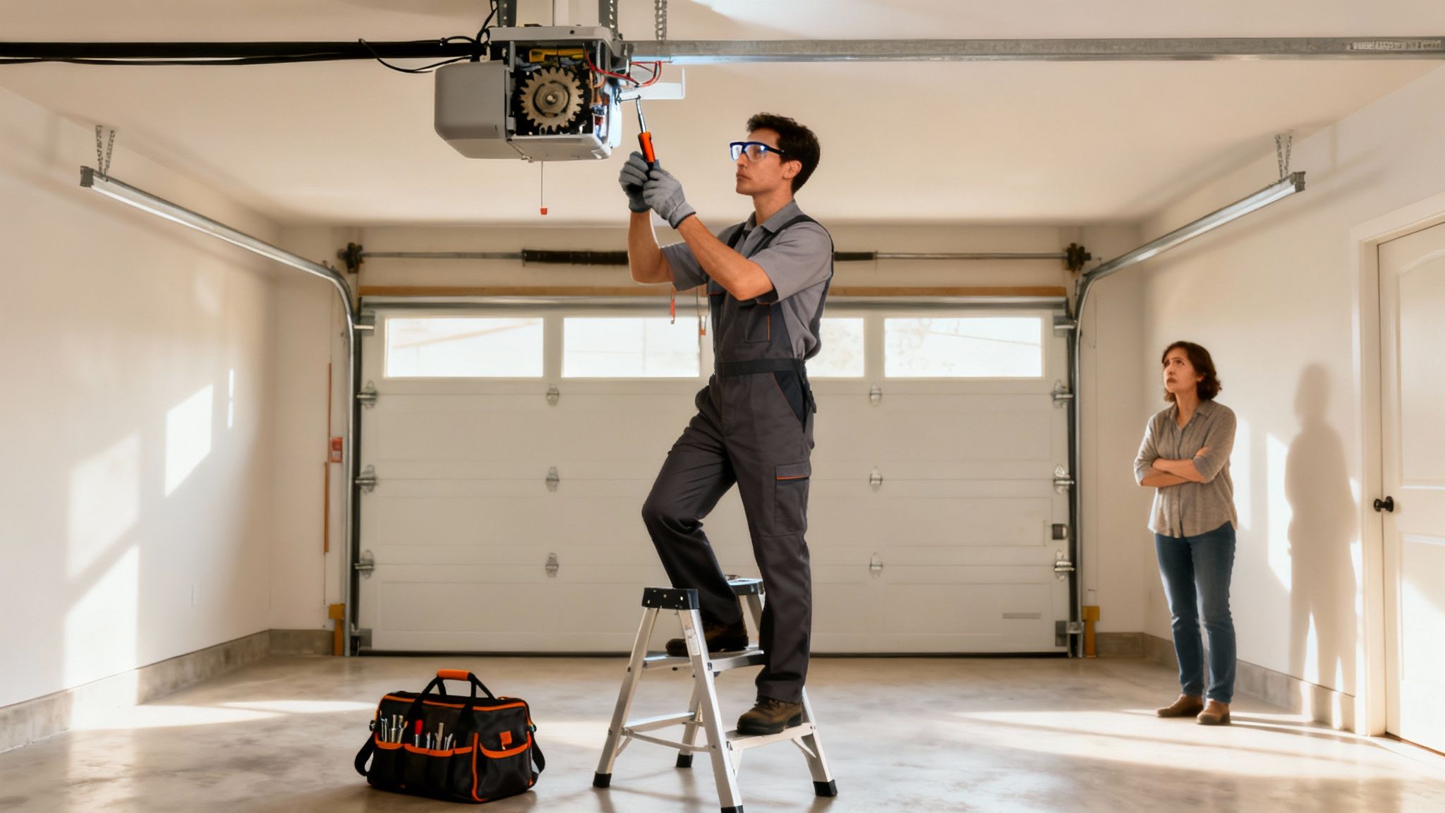 Professional technician repairing a garage door opener motor unit