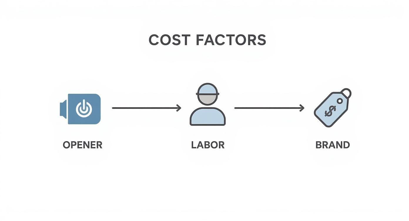 An infographic decision tree showing cost factors for a garage door opener replacement, including the opener, labor, and brand.