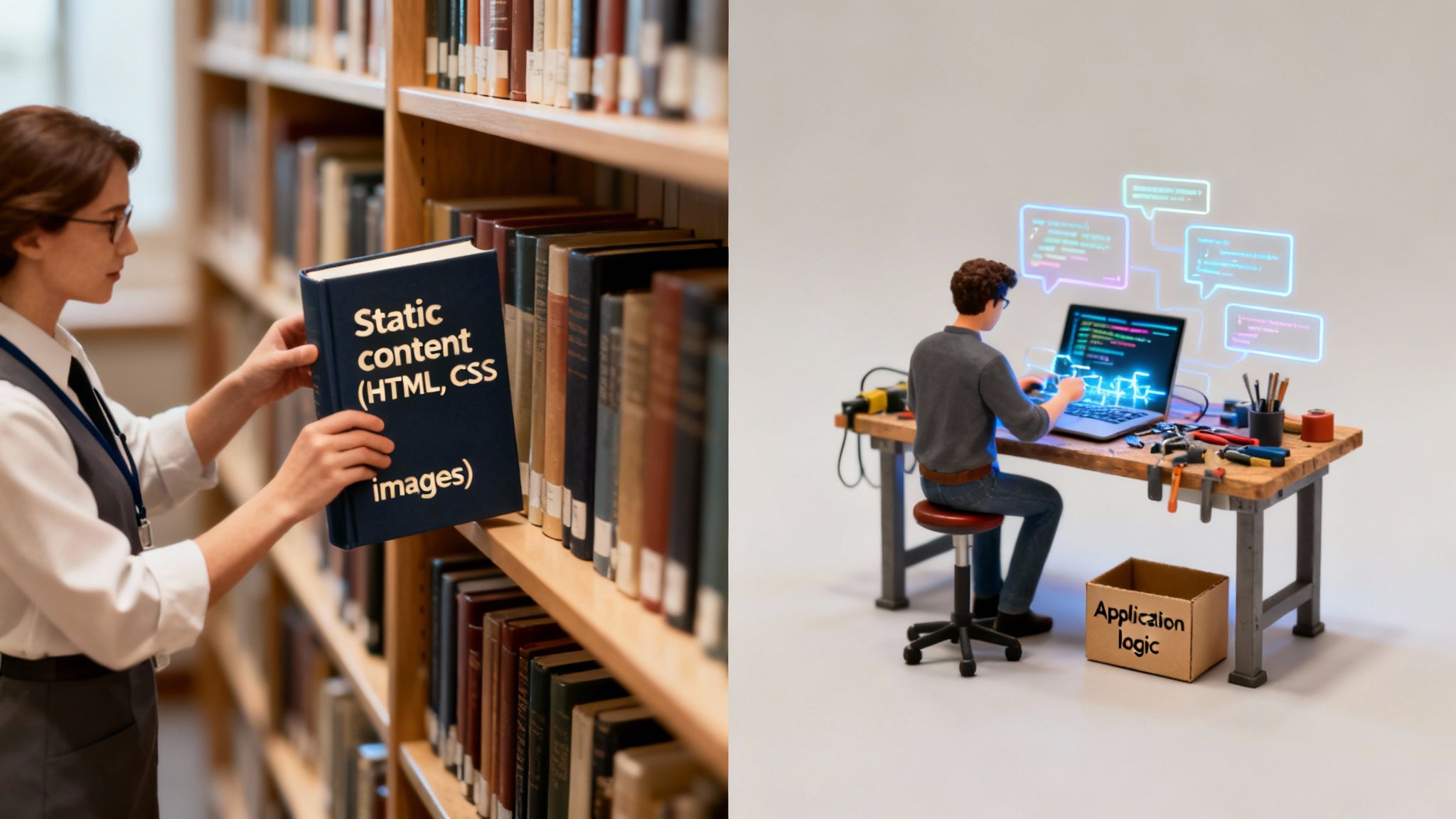 A woman holds a "Static content" book in a library, next to a developer coding "Application logic."